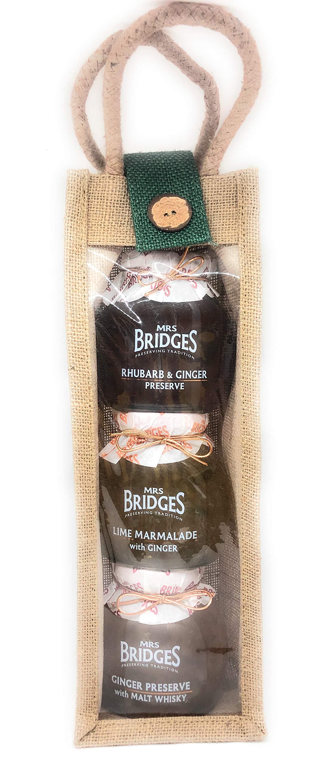 Mrs Bridges Ginger Collection 3 X340G Jars in Natural Jute Bag with cute coconut button