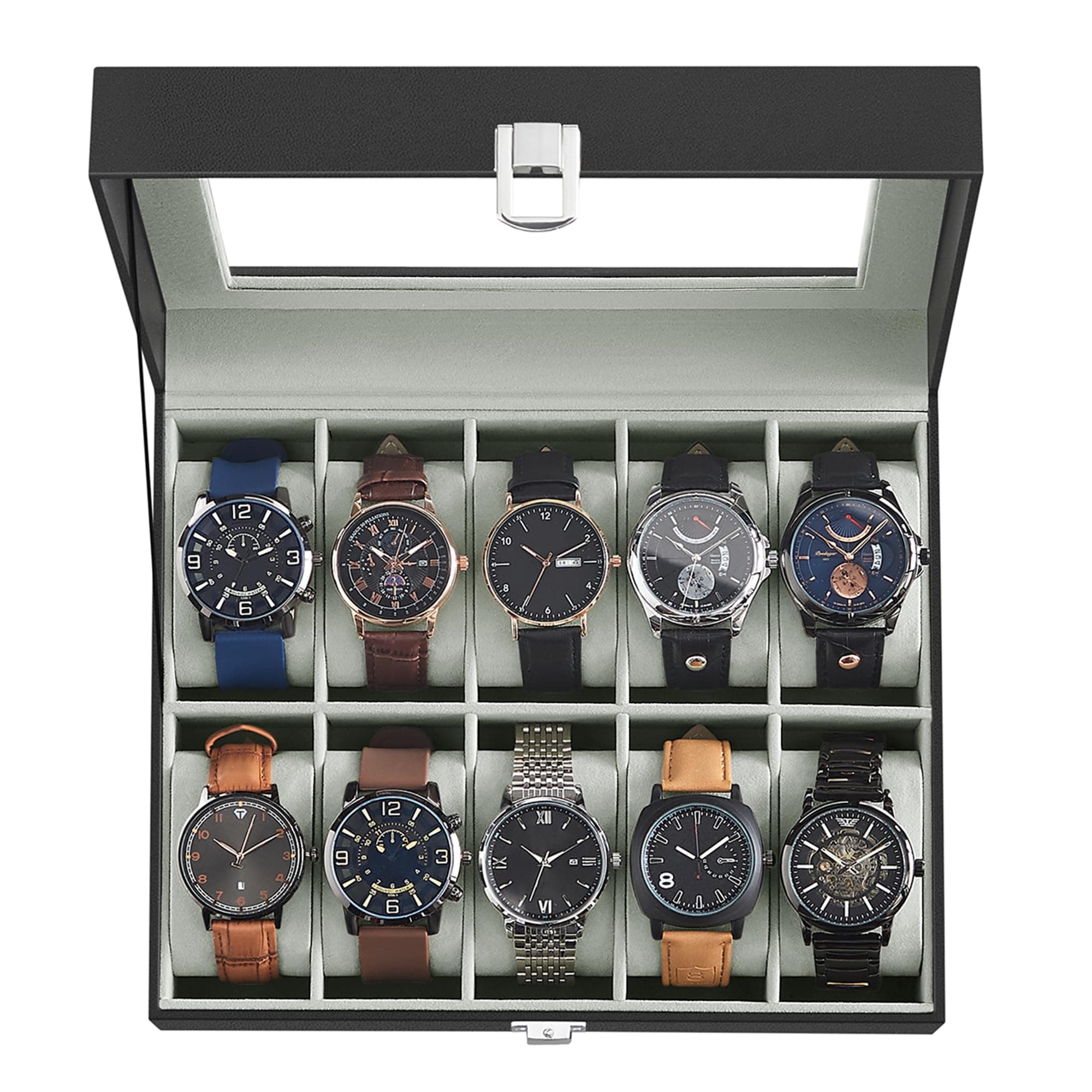 SONGMICS Watch Box, 10-Slot Watch Case Organizer with Large Glass Lid, Removable Pillows, Gift for Loved Ones, Black Synthetic Leather, Gray Lining UJWB010BK