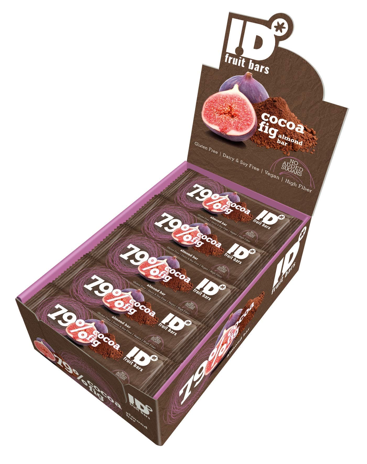 I.D. Cocoa and Fig Bar with Almond Display Box 24 bars X 35 g, All Natural - HIGH in Fibre - Vegan - Gluten Free