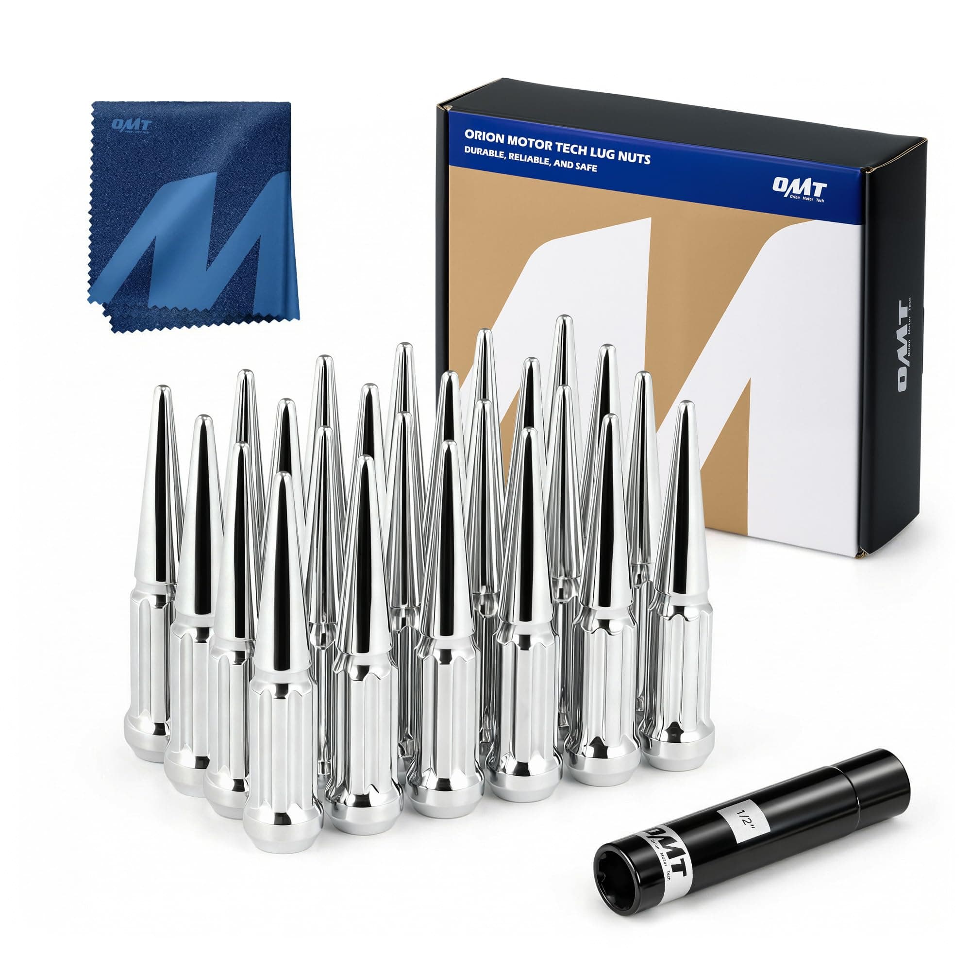 Orion Motor Tech 14x1.5 Lug Nuts Chrome 24 Piece, M14x1.5 Spike Lug Nuts Wheel Accessories Compatible with Chevy Ram Ford and GMC
