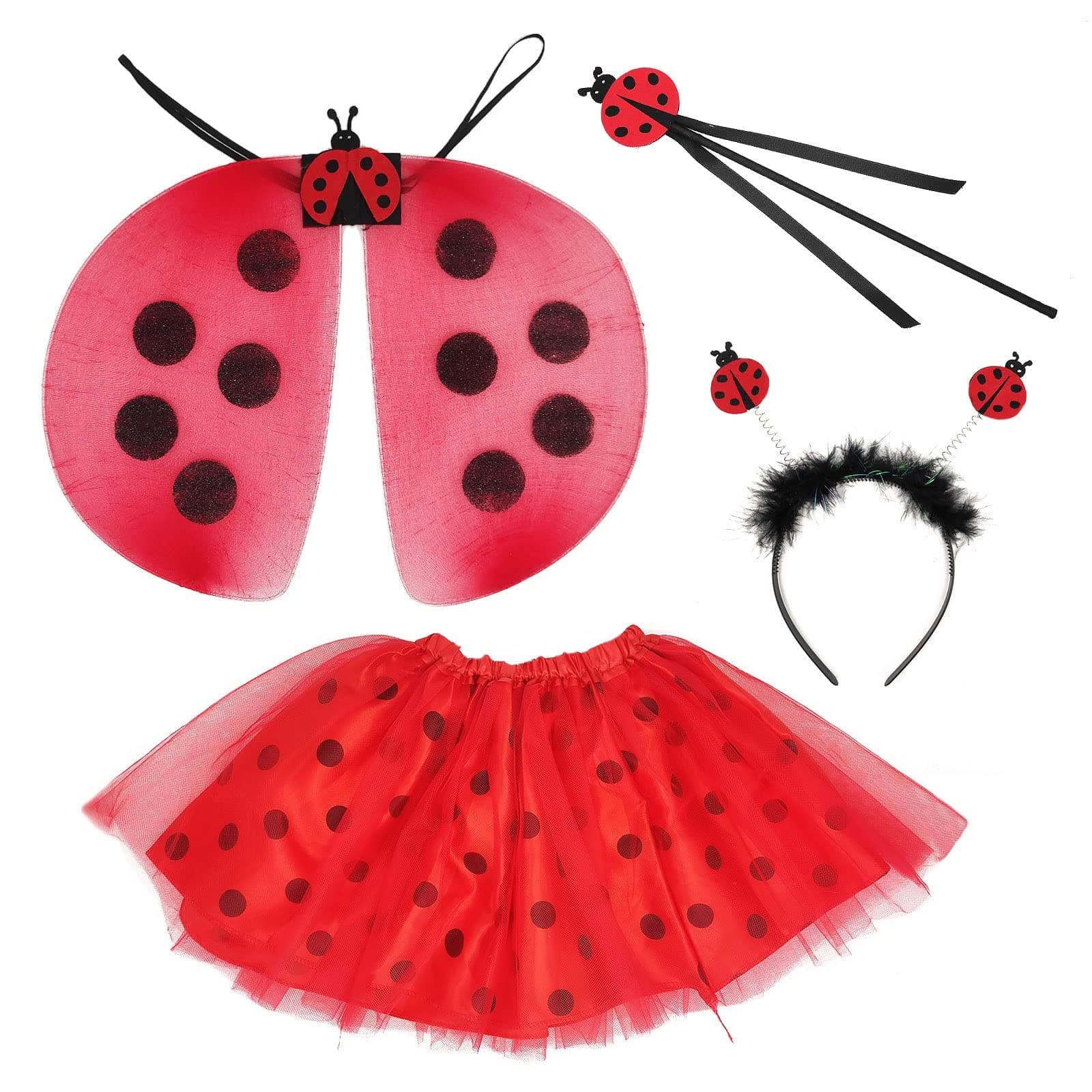 MIVAIUN 4 Piece Ladybird Dress Up Set,Animal Ladybug Fancy Dress Up,Ladybug Party Outfit,Camouflage Wings,Performance Costume Sets,Holiday Party Performance Suitable for Girls(Red)
