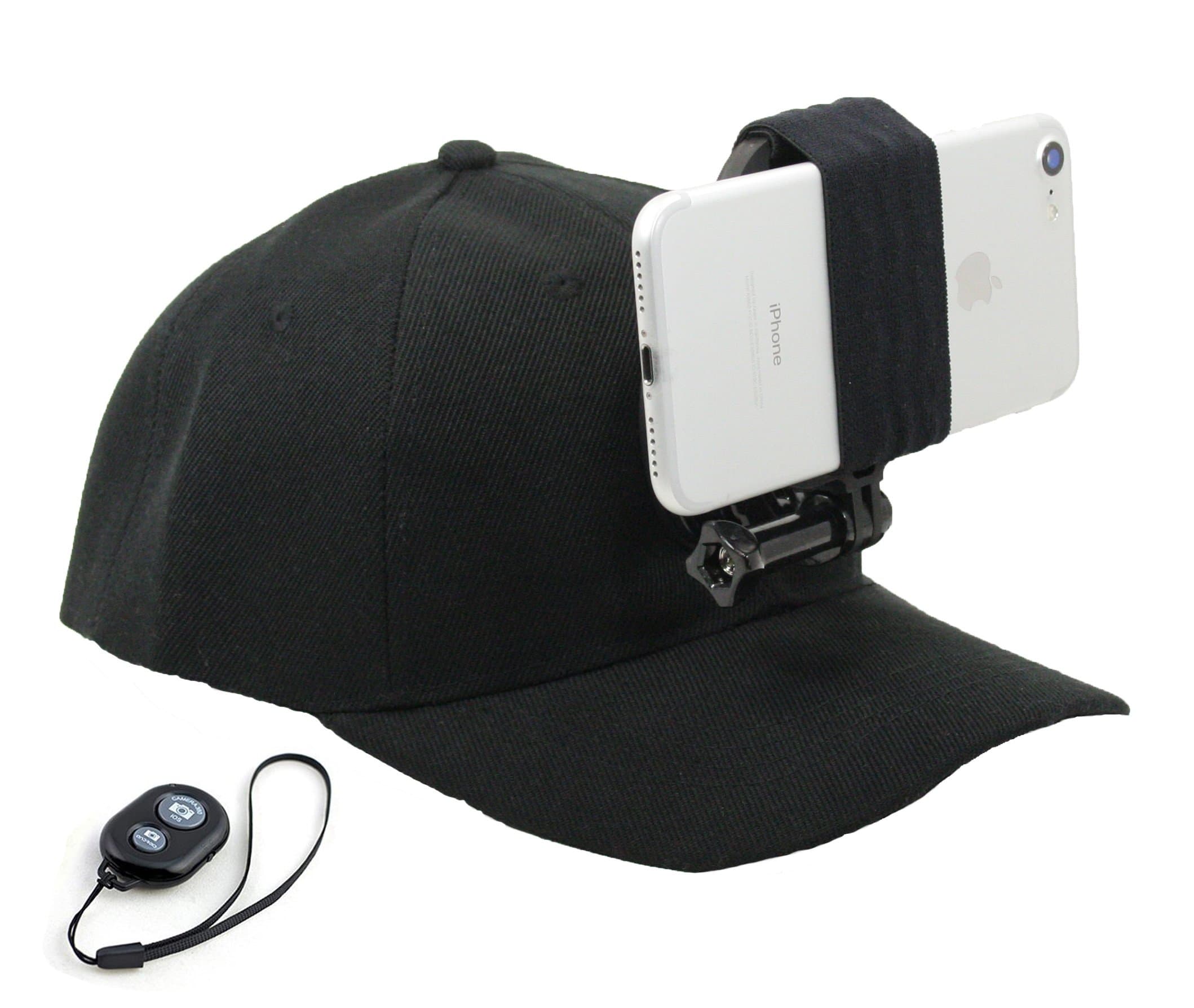 Baseball Hat Compatible with Smartphone/Cellphone/GoPro Camera Head Mount with Remote iOS/Android Bluetooth Shutter. Any Phone or GoPro Camera Fits, Regardless of Case.