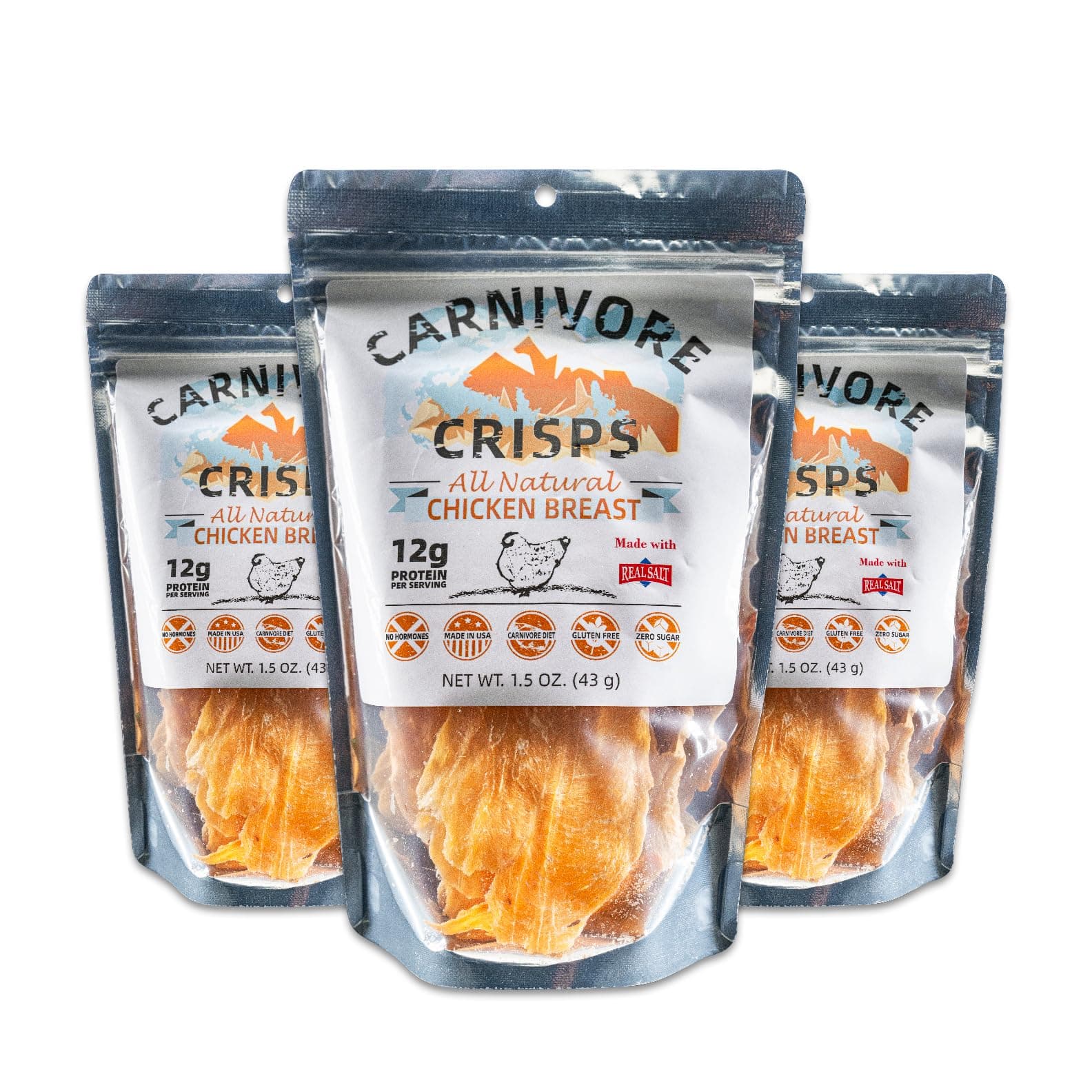 Carnivore Crisps, Chicken Breast, All Natural, High Protein, Keto & Carnivore Diet Approved, Gluten-Free, No Hormones, 1.5 oz (Pack of 3)