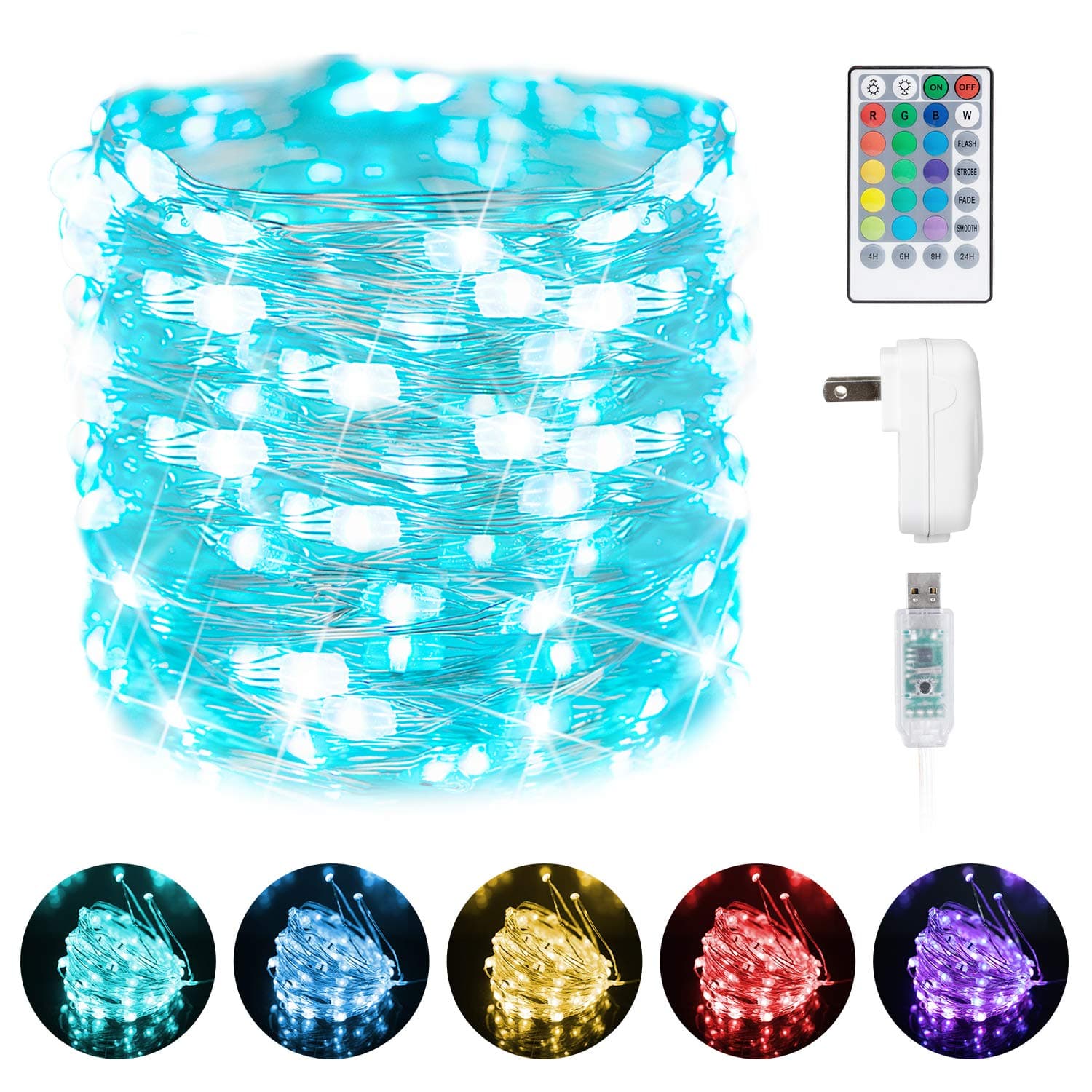 Color Changing Fairy String Lights - 33 Feet 100 LED USB Operated Twinkle Lights with Remote and Adapter, Silver Wire Firefly Lights for Bedroom Party Craft Indoor Christmas Decoration, 16 Colors