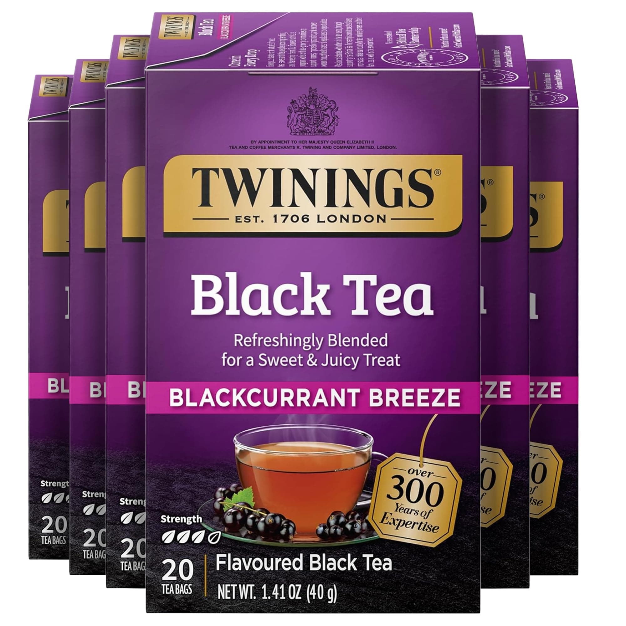 Twinings Blackcurrant Breeze Black Tea Individually Wrapped Bags, 20 Count (Pack of 6), Sweet, Tangy Taste, Caffeinated, Enjoy Hot or Iced, 120 Teabags