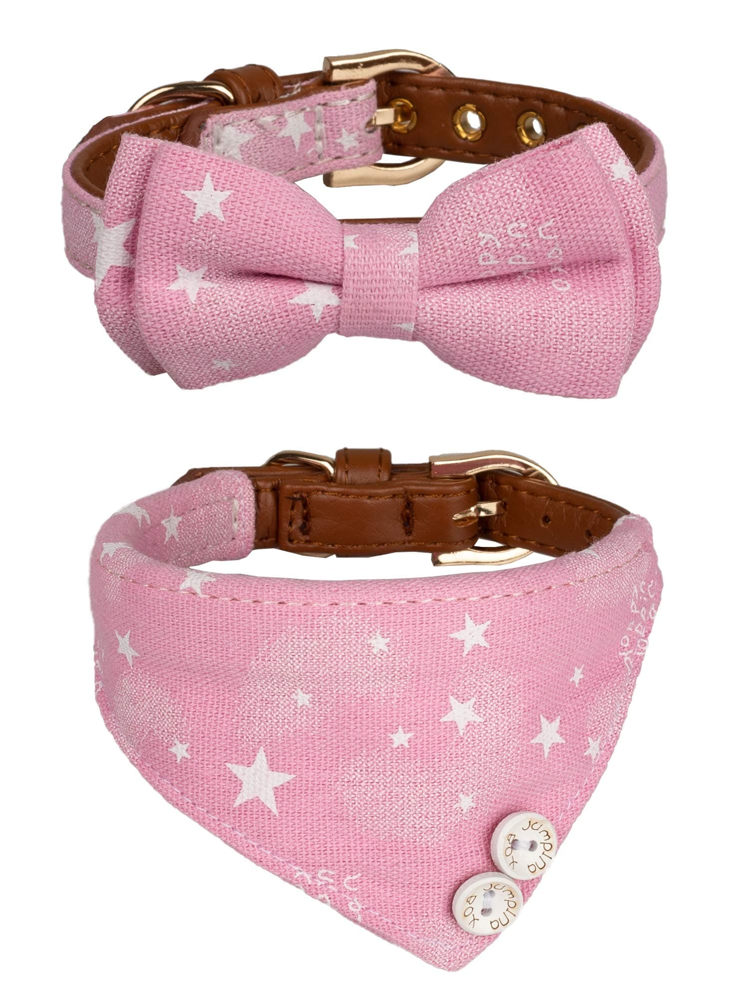 Small Dog Collar Puppy Cat Tiny Pet Bow Tie & Bandana 2pcs Set PU Leather Canvas Scarf Durable Pink Stars