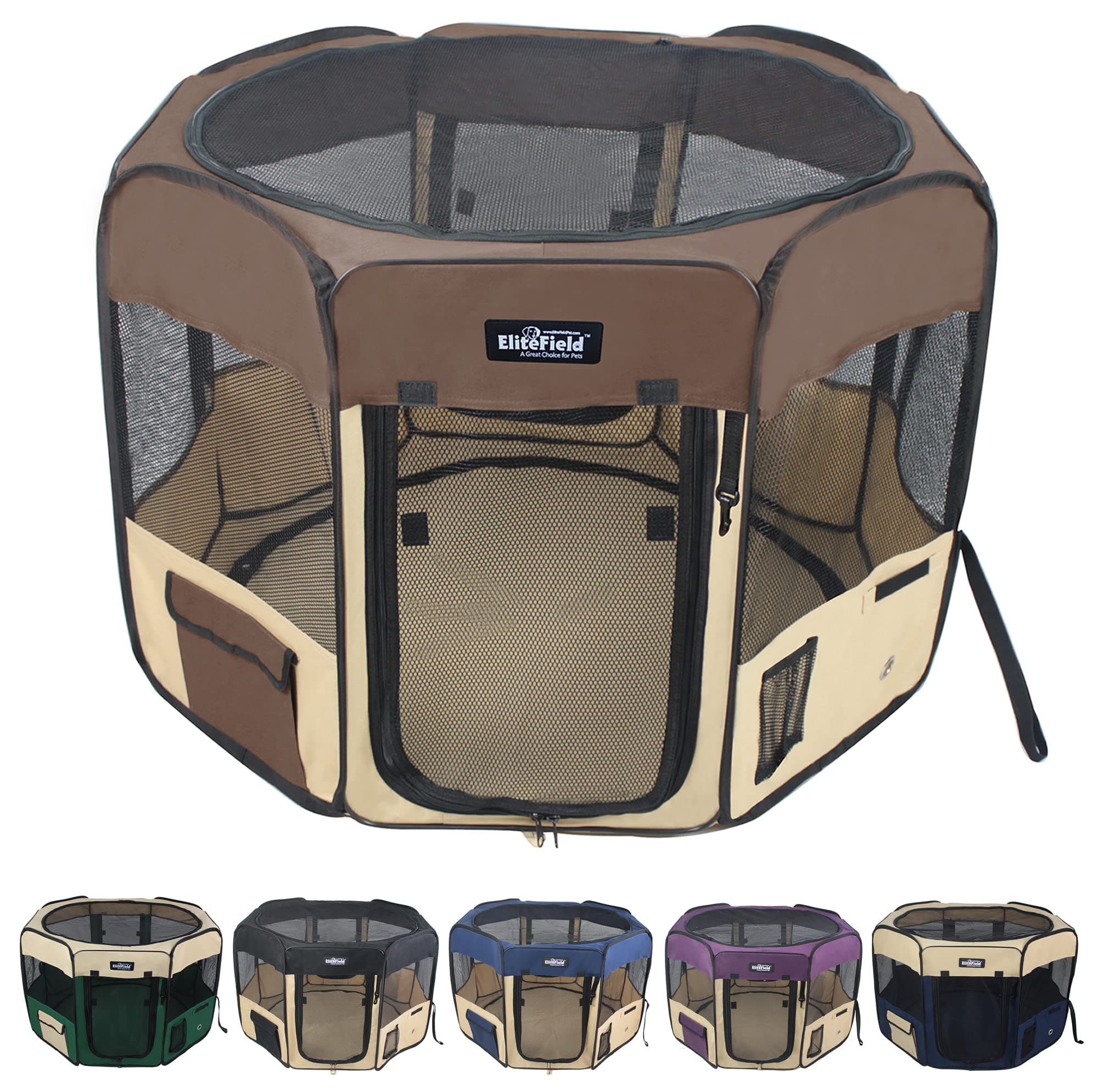 EliteField 2-Door Soft Pet Playpen (2 Year Warranty), Exercise Pen, Multiple Sizes and Colors Available for Dogs, Cats and Other Pets (62" x 62" x 24"H, Brown+Beige)