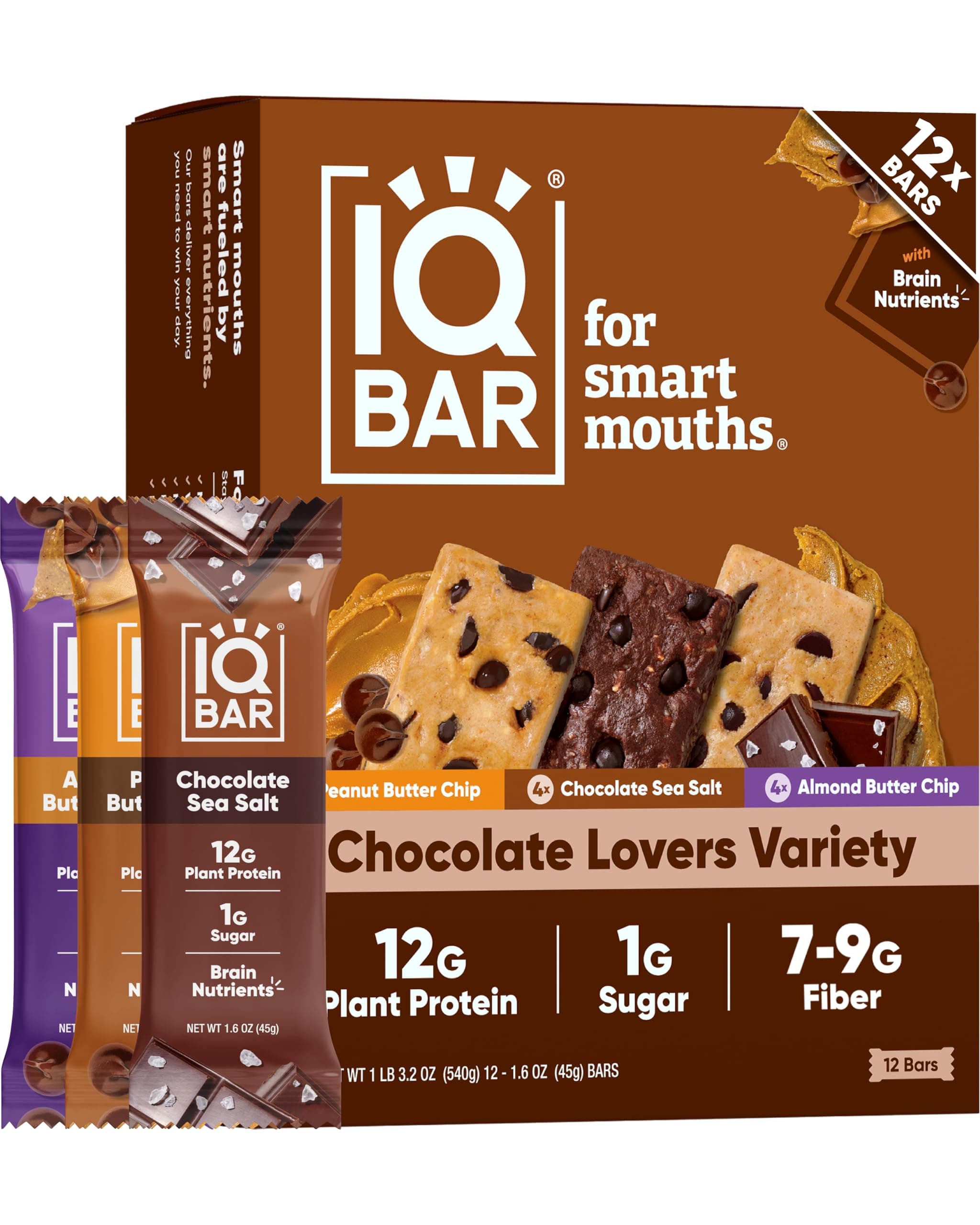 IQBAR Clean Plant Protein Bars - Chocolate Lovers Variety - 12 Count - Keto, Vegan, High Fiber, Gluten and Dairy Free, Low Sugar Snack - Brain and Body Nutrients for Focus, Energy, Meal Replacement