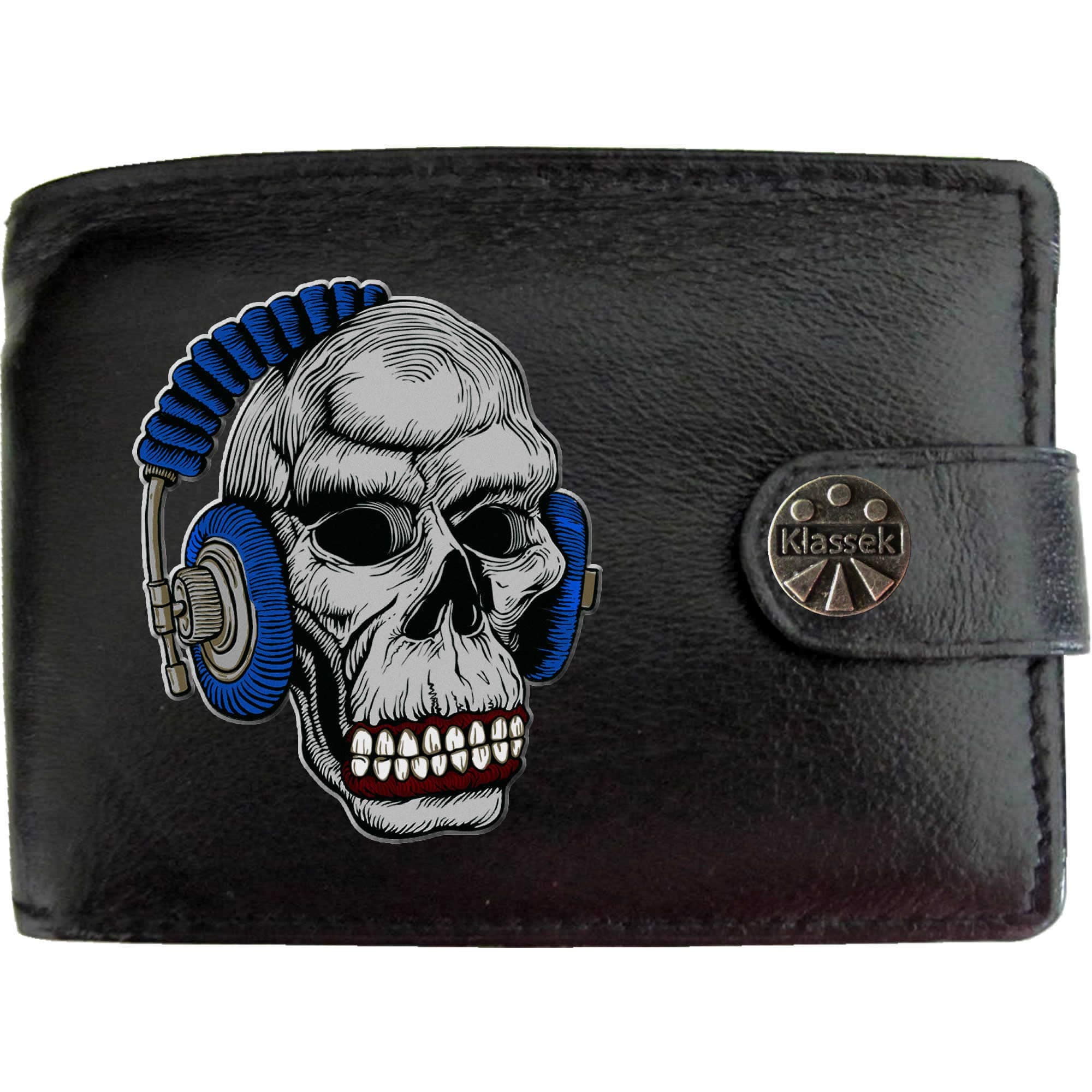 Skull with Headphones a Rock Music Player Musical Lover Mens Wallet Real Black Leather RFID Blocking with Coin Pocket and Metal Gift Box