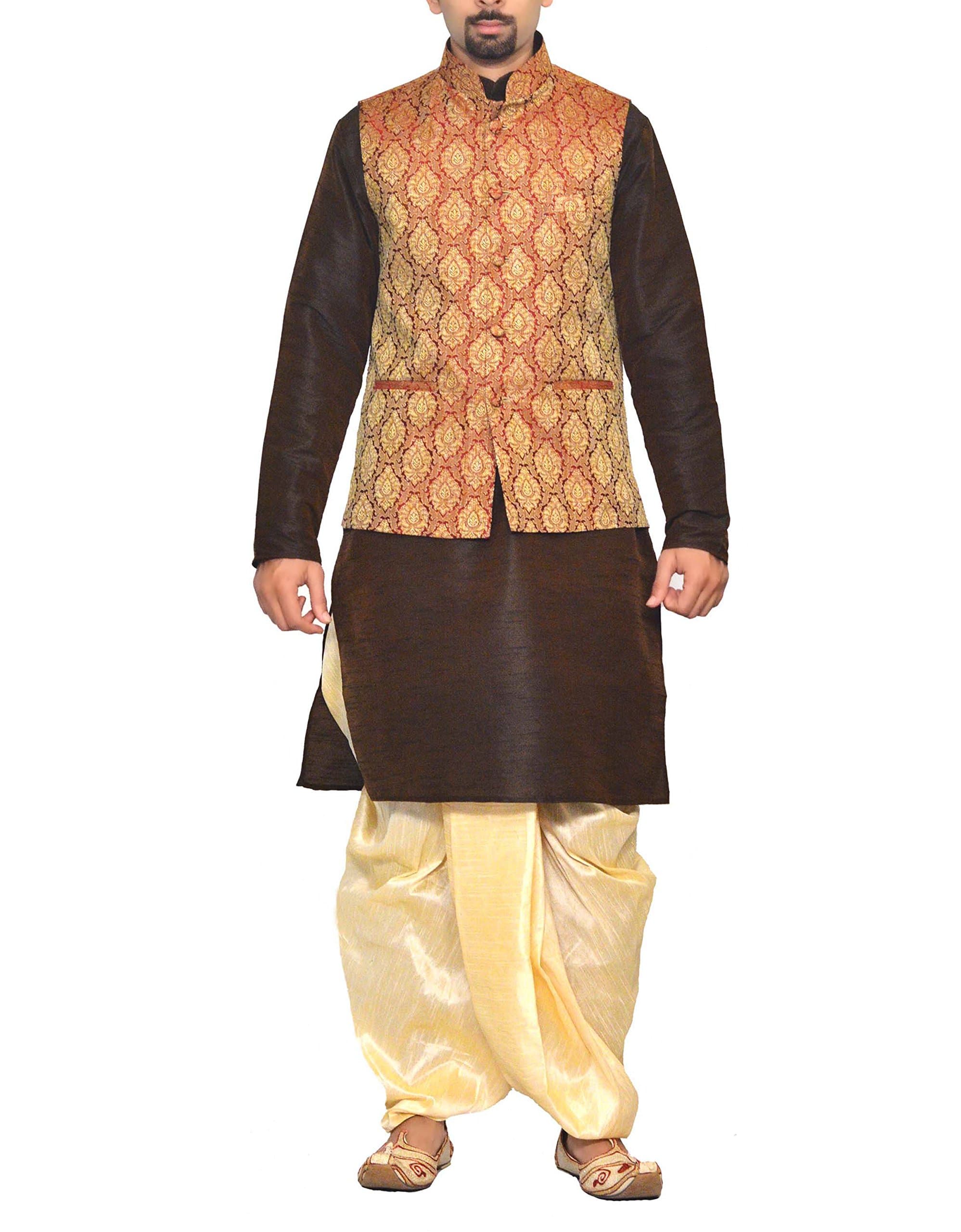 Uri and MacKenzie Men's Brown Kurta Beige Dhoti pant with Maroon Red Jacket Waistcoat 46