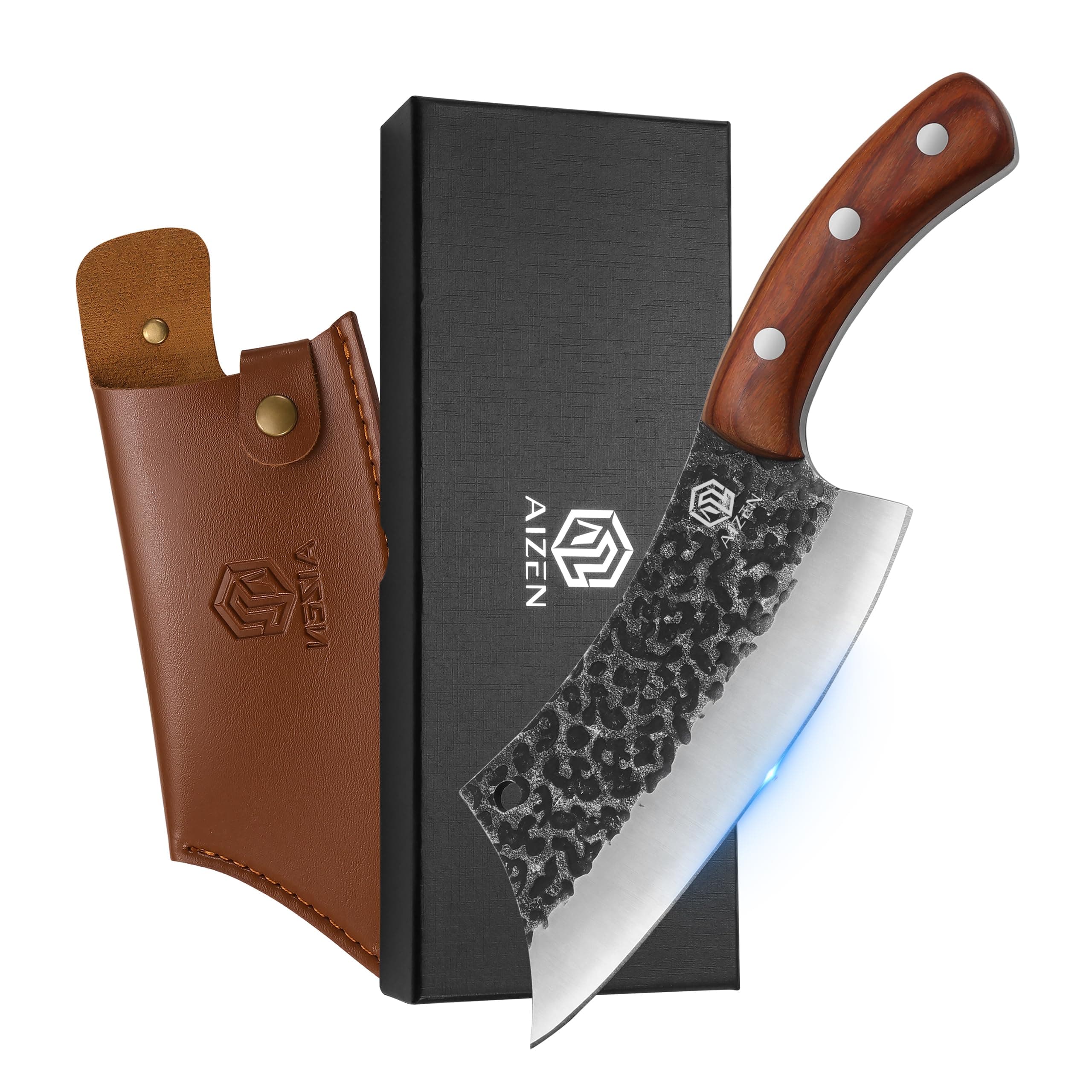 Aizen Chef Knife, Boning Knife Full Tang High Carbon Stainless Steel, Ultrasharp 6 inch Handmade Serbian Chef Knife with Red Sandle Wood Handle & PU Knife Sheath for Kitchen, Outdoors, Camping, BBQ