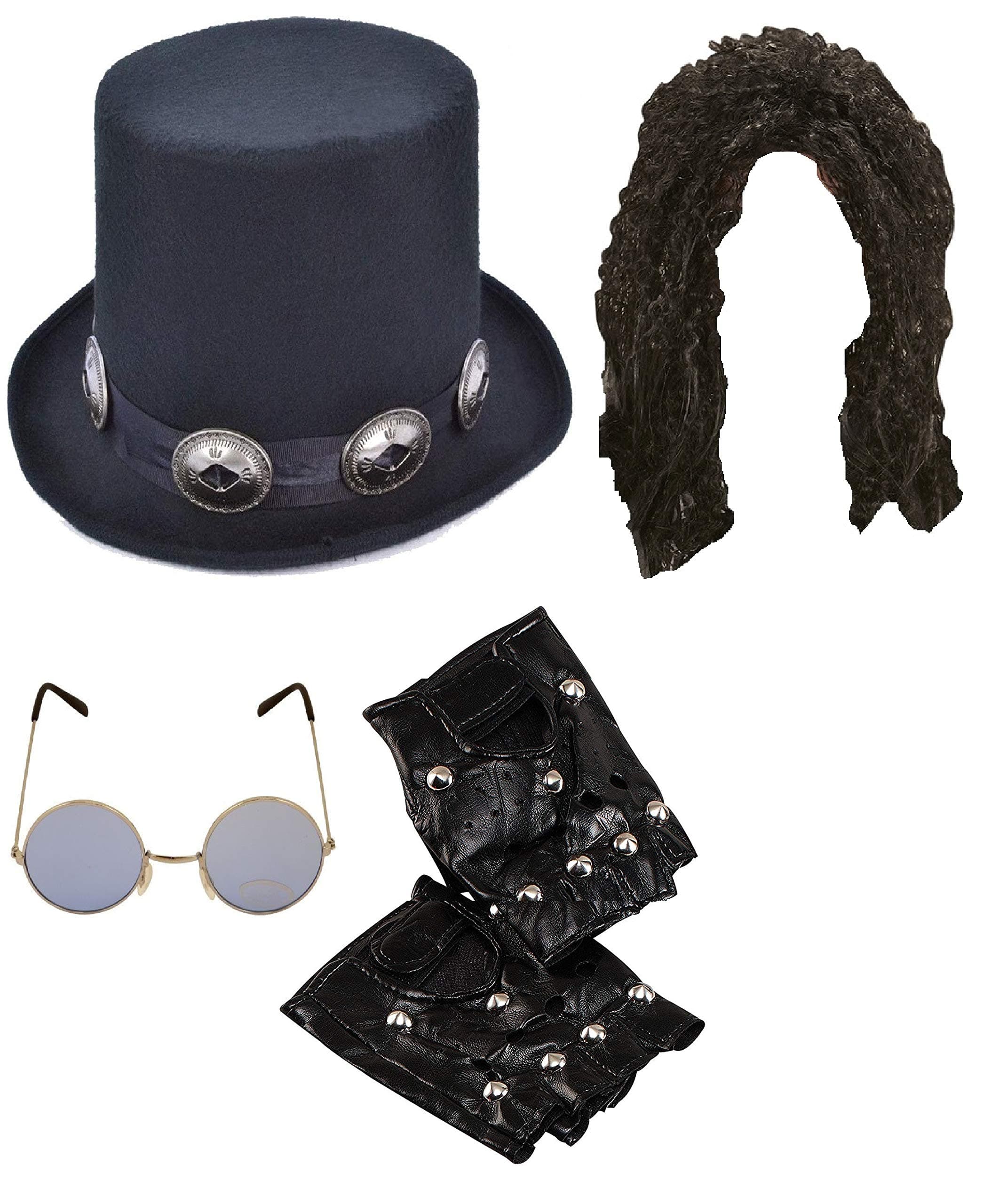 Mega_Jumble® 80s Slash Guitar Hero Punk Rocker Kit - Hard Rocker Top Hat, Black Curly Long Wig, Black Studded Gloves & Round Frame Glasses Fancy Dress Mad Biker/Rocker Set