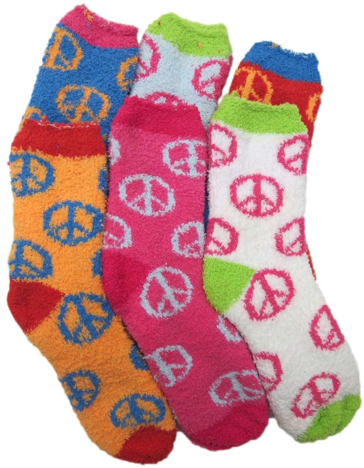 Fuzzy Socks with Peace Signs, Fuzzy PEACE Socks, 6 Pairs, Size 9-11.