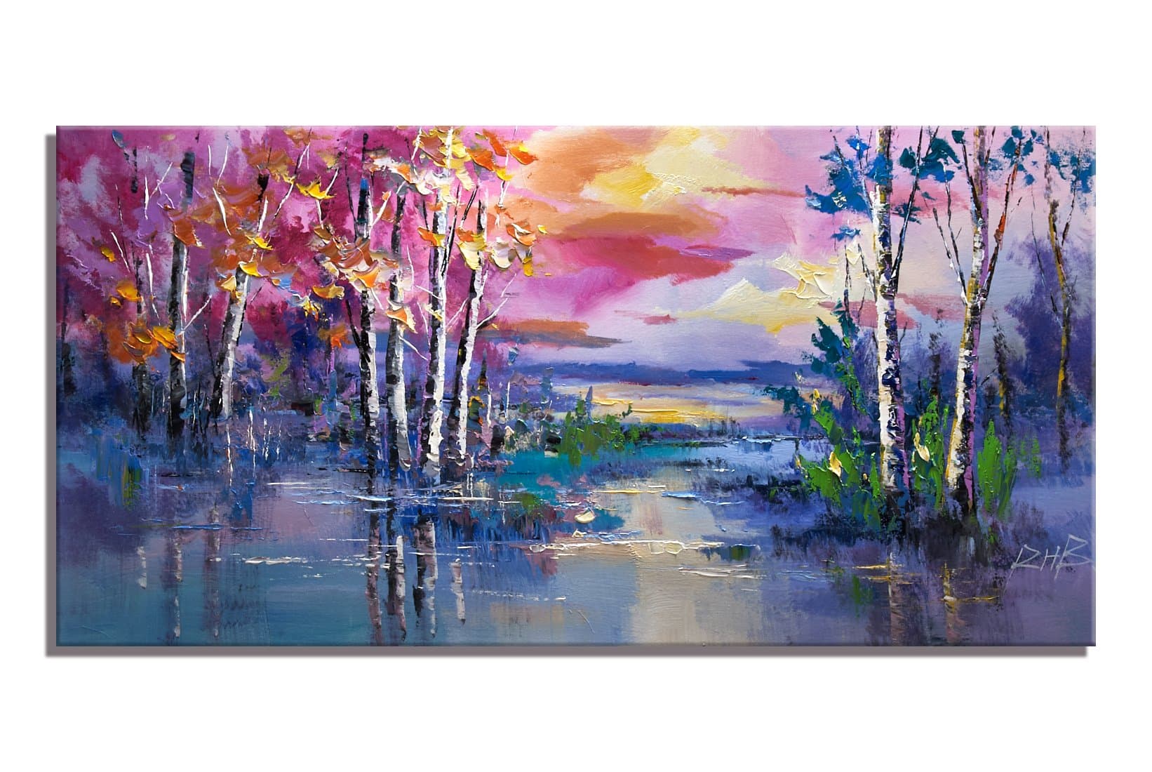 Reflection of Trees and Rosy Clouds Sunset Oil Painting Wall Art Modern Canvas Decor Abstract Picture on Canvas Prints Landscape Pictures Paintings (16 Inch x 32Inch)