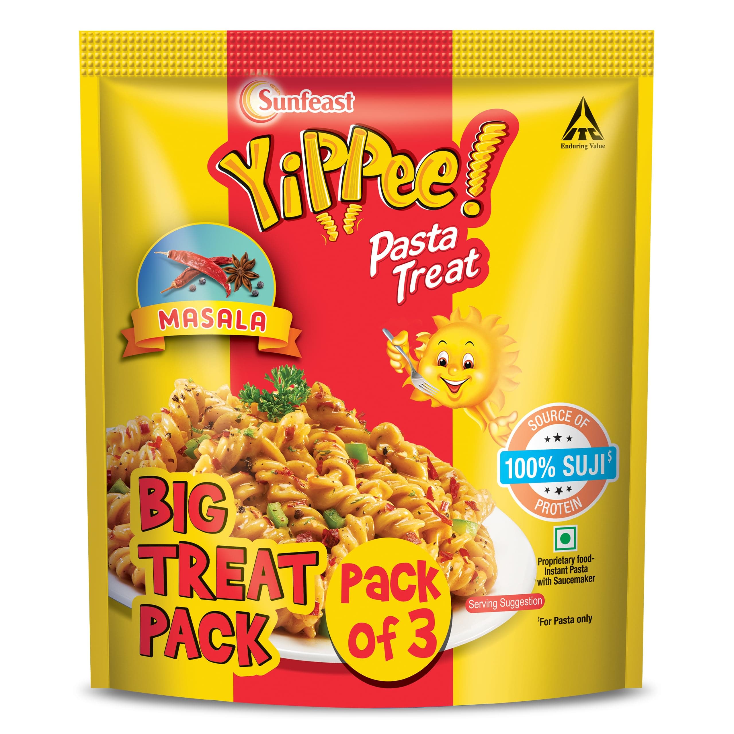 Sunfeast YiPPee! Pasta Treat|Masala|Soft & Creamy Pasta|Instant Pasta Made with Suji/ Rava 195gram Pack of 3