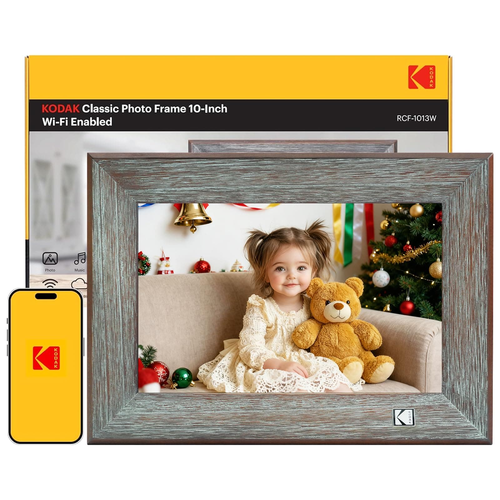 KODAK Digital Photo Frame 10 inch, WiFi Digital Picture Frame with 32GB Internal Memory, HD IPS Touchscreen, Classic Wood Electronic Digital Frame, Share Picture and Video Instantly via USB or App