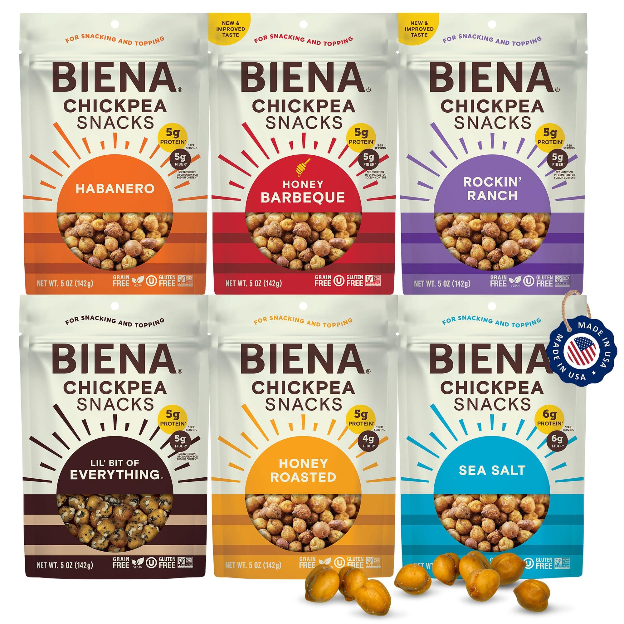 BIENA Chickpea Snacks - Crunchy Roasted Chickpeas - High Fiber Vegan Protein Snack for Adults & Kids - 6-Pack, 5 oz Bags - BBQ, Habanero, Honey Roasted, Lil' Bit of Everything, Sea Salt, Rockin' Ranch