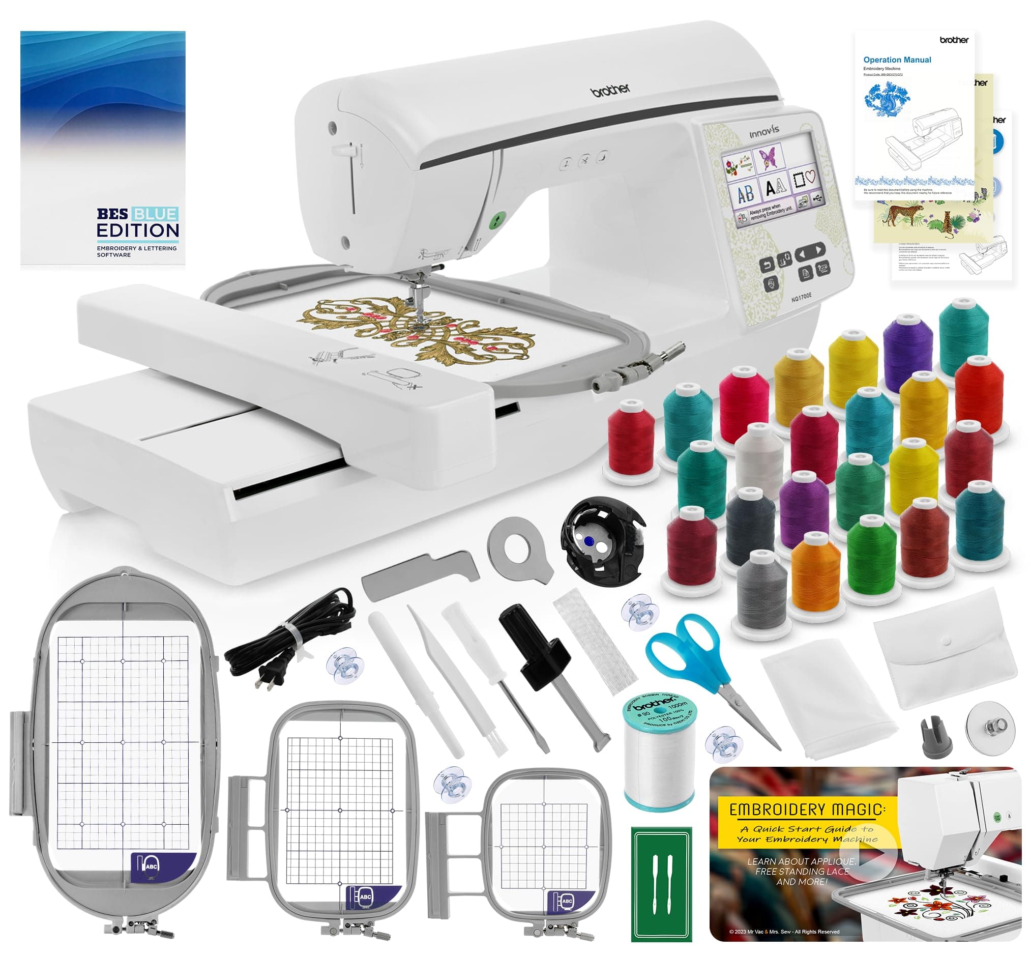 Brother NQ1700E Embroidery Machine, 6" x 10" Field Size, Cuts Jump Stitches, Wireless, Includes BES Lettering Software + Brother SA438 4" x 4" Hoop + 24 Spools of Jewel Thread + Embroidery Magic Video