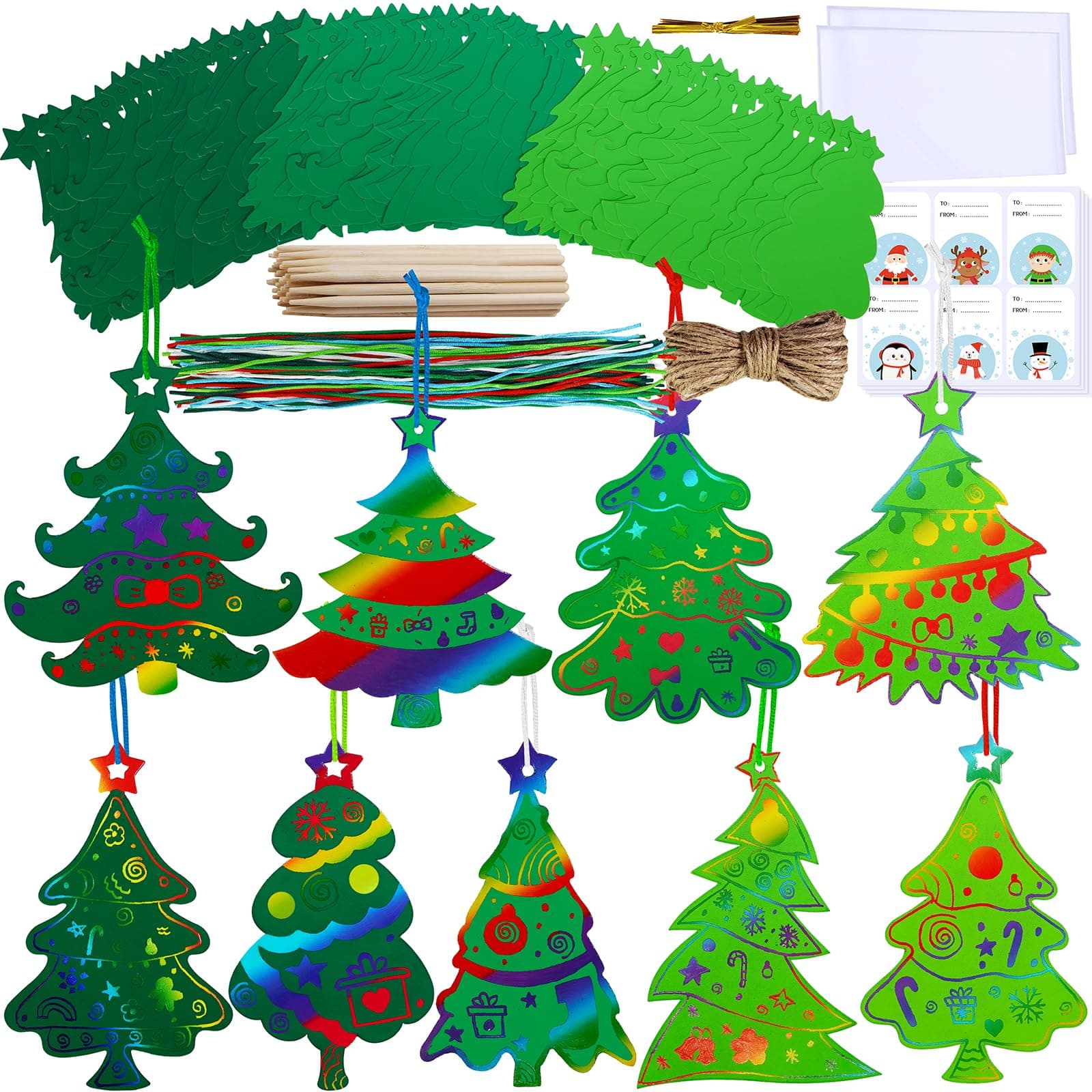 54 Sets 9 Styles Magic Color Scratch Green Christmas Tree Ornaments Christmas Rainbow Scratch Art Decorations Christmas Craft Kits for Kids Classroom Activities Winter Season Party Favors