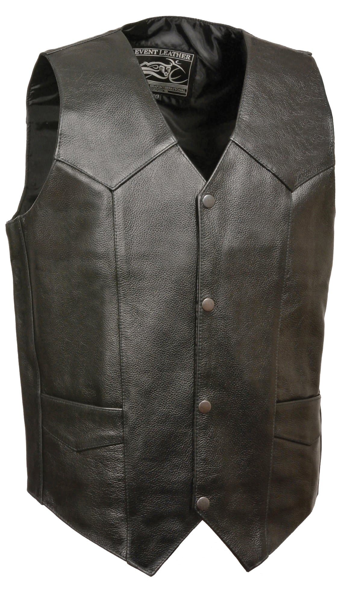 EL1310GO Classic Snap Button Black Motorcycle Leather Vest for Men - Riding Club Adult Motorcycle Vests