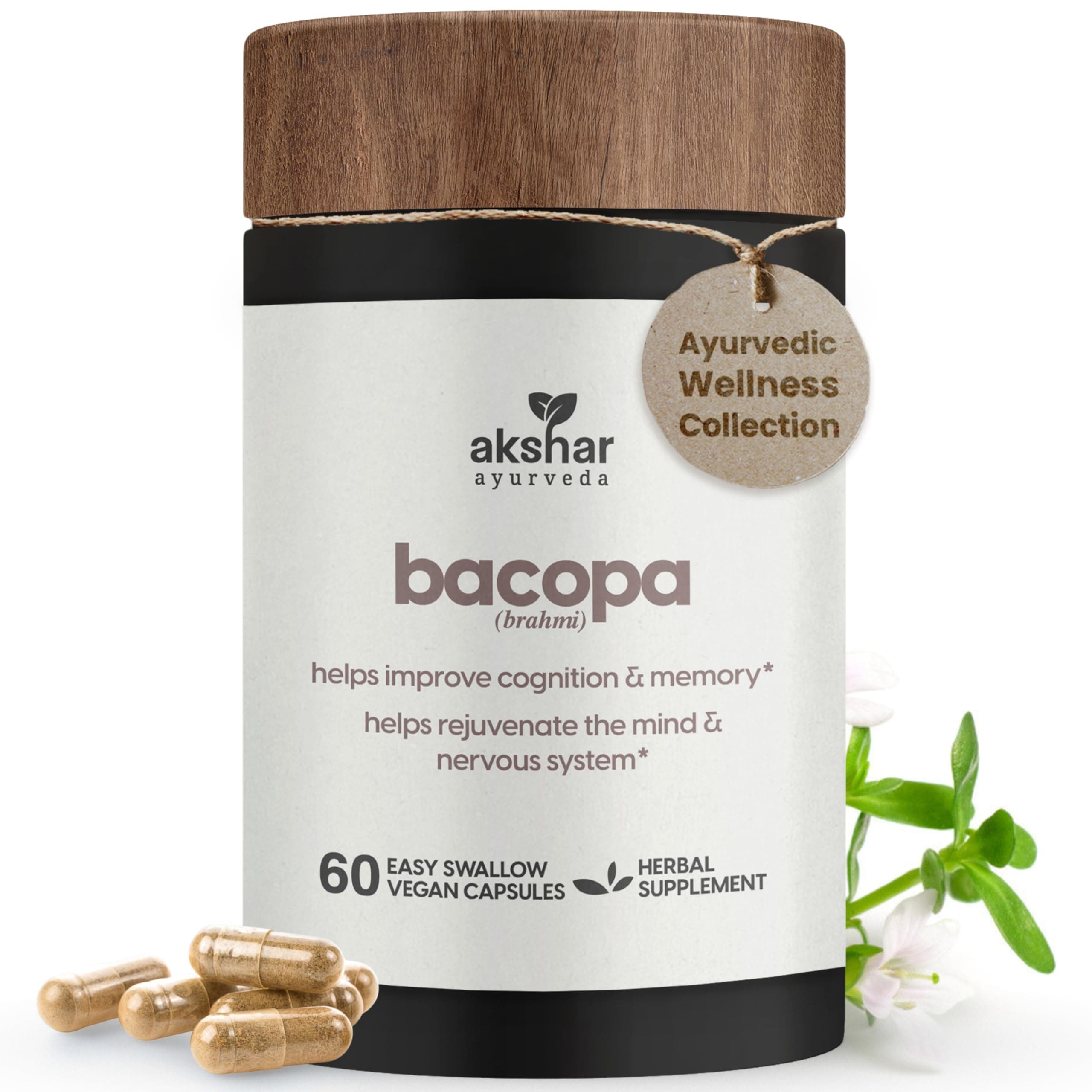 AKSHAR Ayurveda - Bacopa 500mg Brahmi Supplement, Rejuvenate System, Bacopa Pills to Support Cognitive Function for Adults, Vegan Cruelty Free Bacopa Monnieri (60 Count)