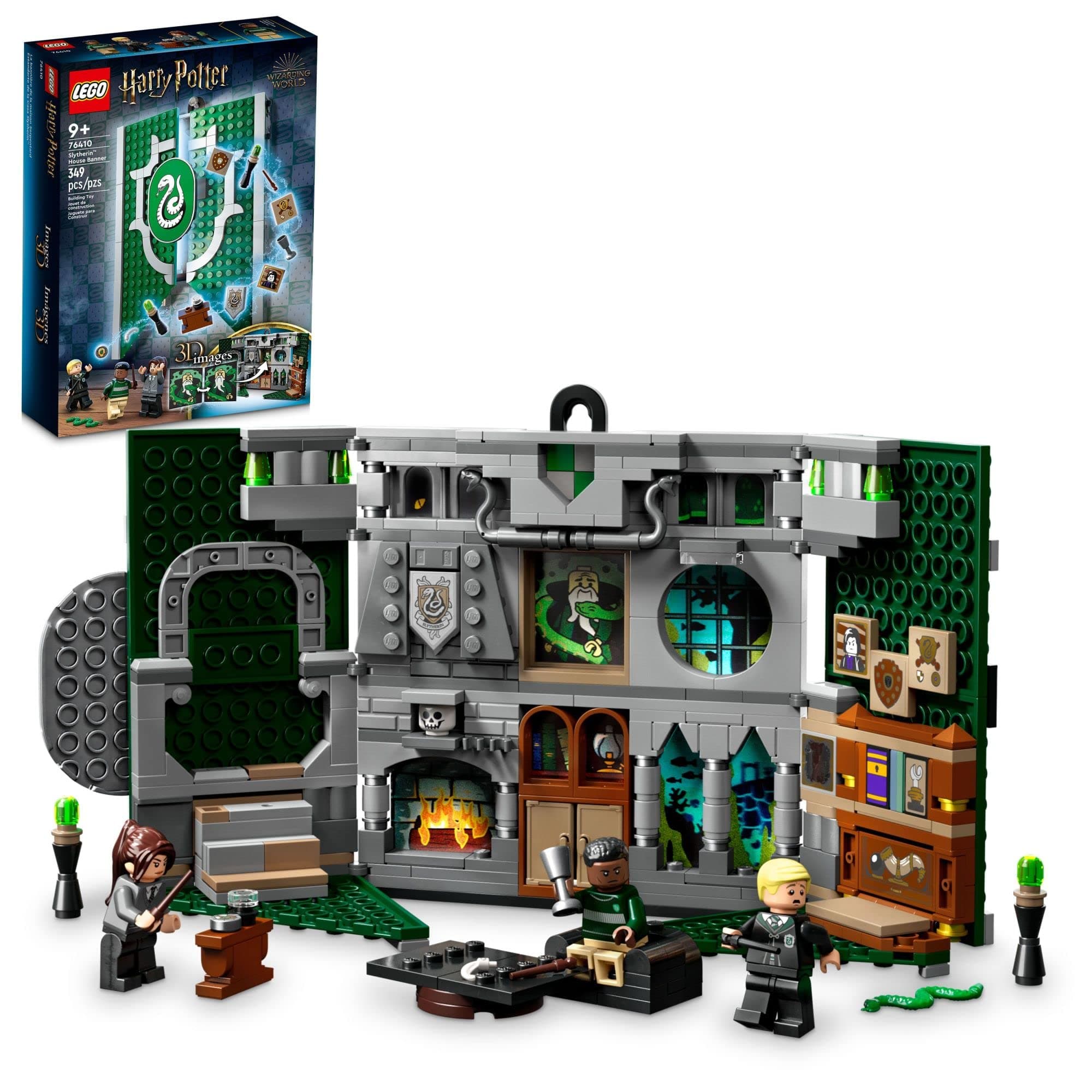 76410 Harry Potter Slytherin House Banner Set, Hogwarts Castle Common Room Toy or Wall Art Display, Collectible Travel Toys for Kids, Boys and Girls with Draco Malfoy Minifigure