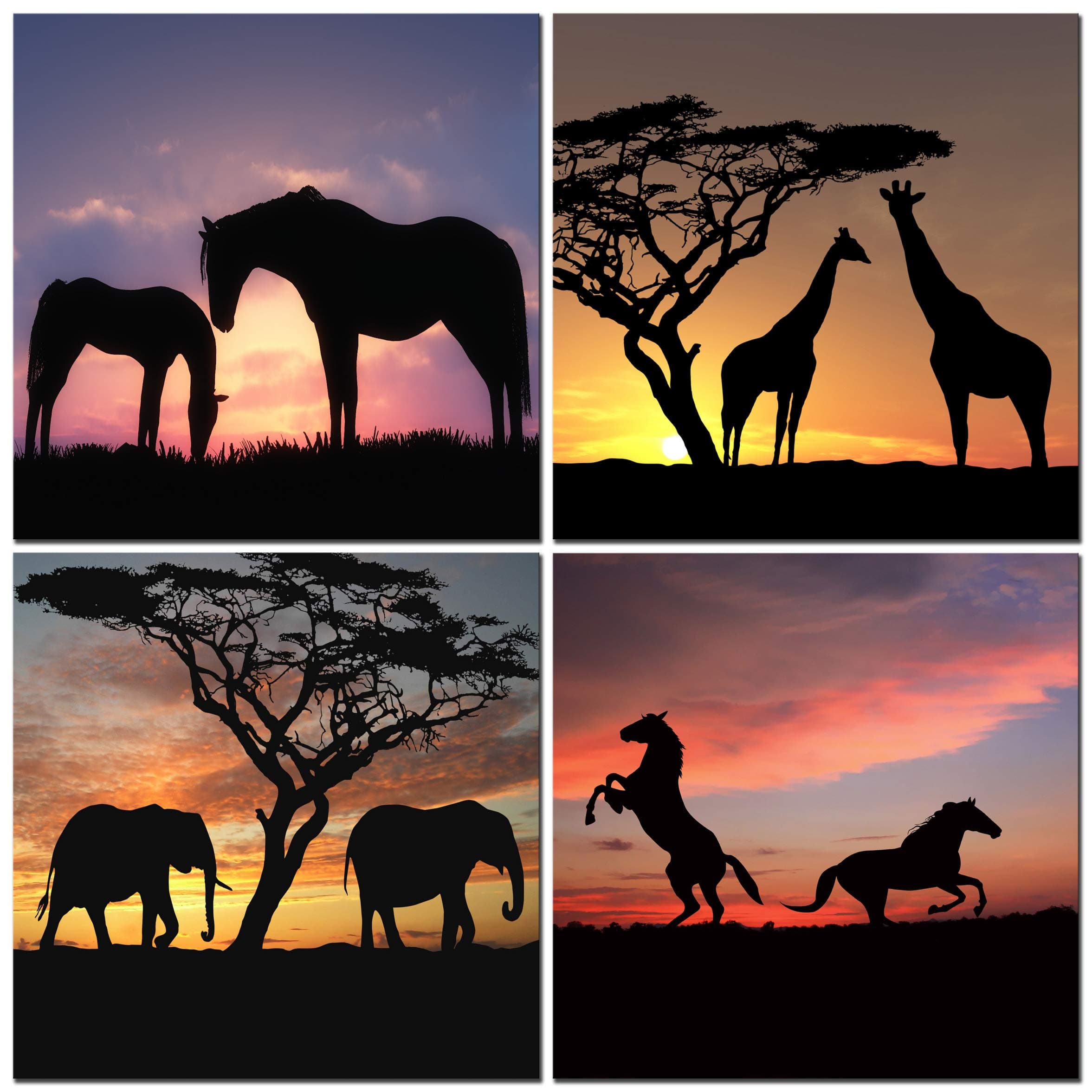 CUFUN Art - Zebras Elephants Giraffes Horses Silhouette in the Sunset Animal Outline Canvas Prints Wall Art Picture Home Decor 12 x 12in x 4pcs (30 x 30cm x 4pcs)