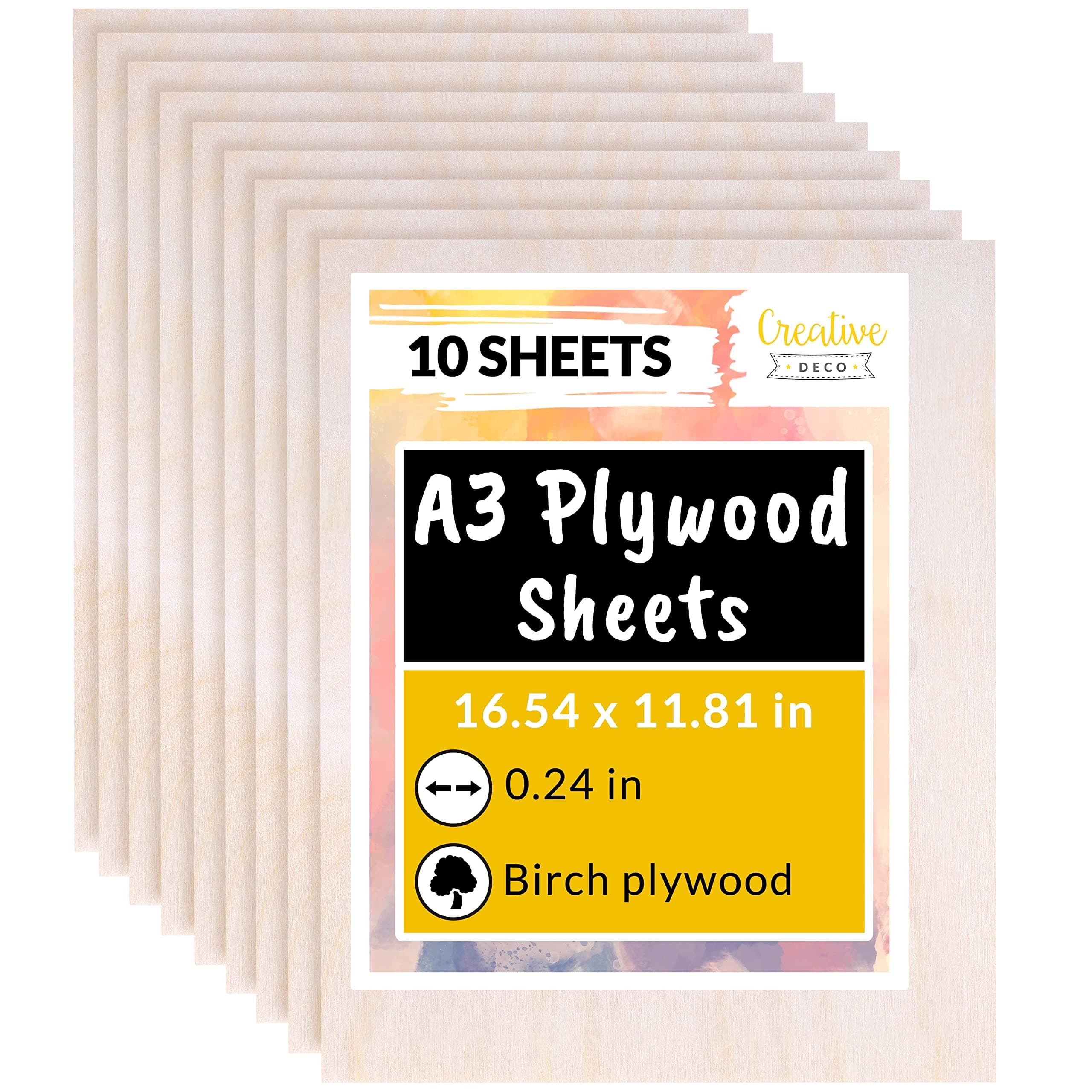 Creative Deco 10 x A3 Plywood 6 mm | 420 x 300 x 6 mm (+/- 0.5 mm) | Raw Wood Board Birch | Laser Cut Sheet Board | Wood for Pyrography, Engraving, Cricut, Model Kit