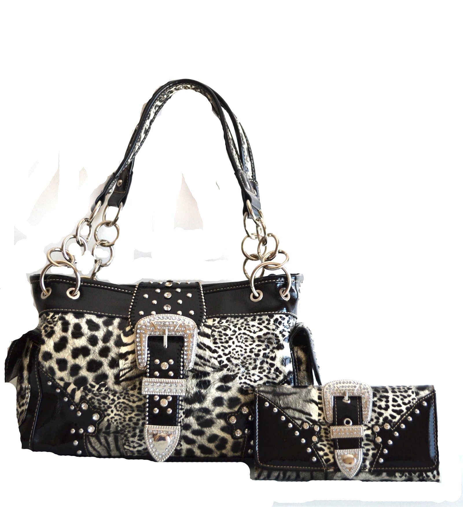 Western Leopard Cheetah Animal Rhinestone Bel Buckle Stud Purse Set (Black)