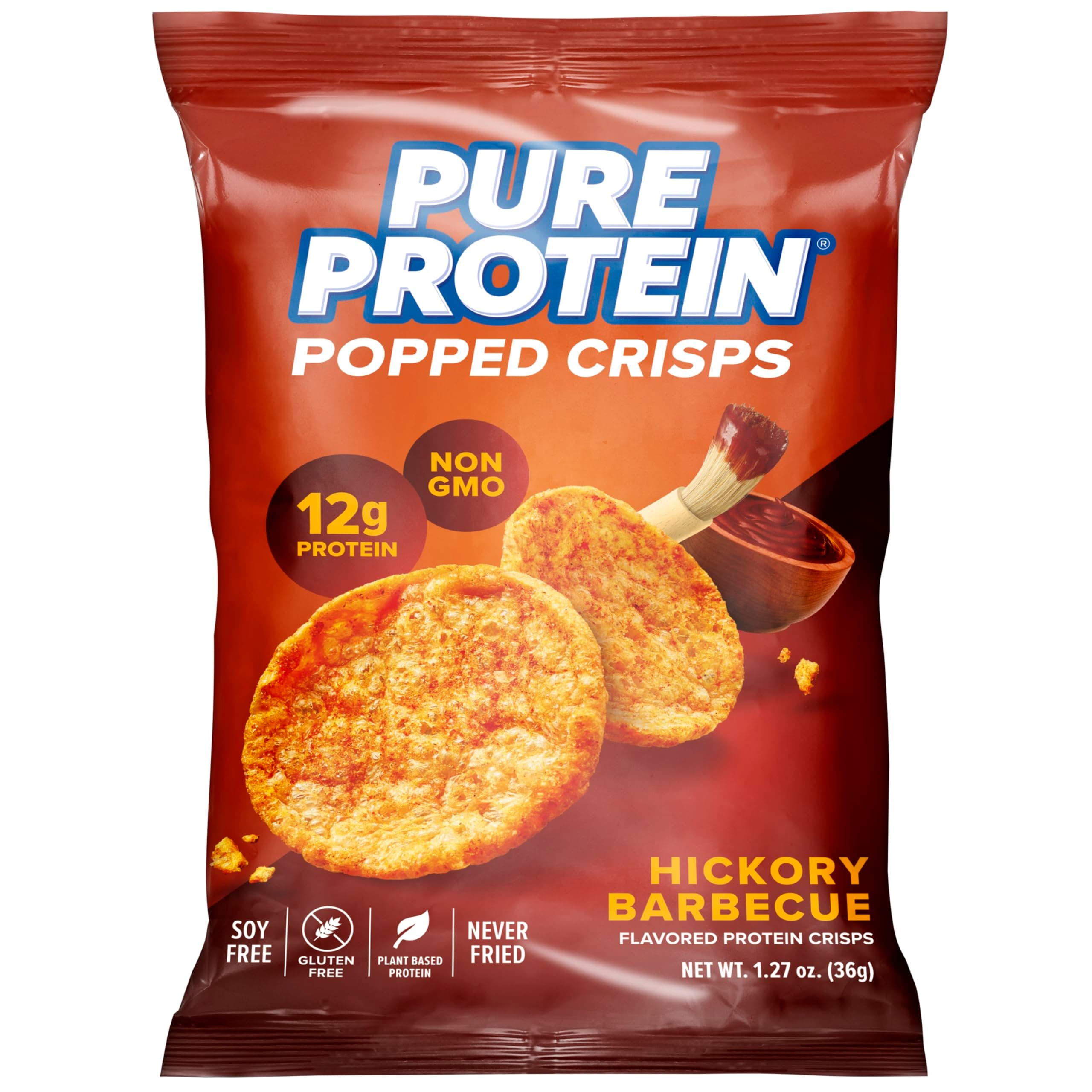 Pure Protein Hickory Barbecue Popped Crisps - 12g Plant Based Protein, Gluten Free, Non GMO, Vegan, Air Popped & Puffed Crisps – Healthy Protein Snacks – 12 Pack