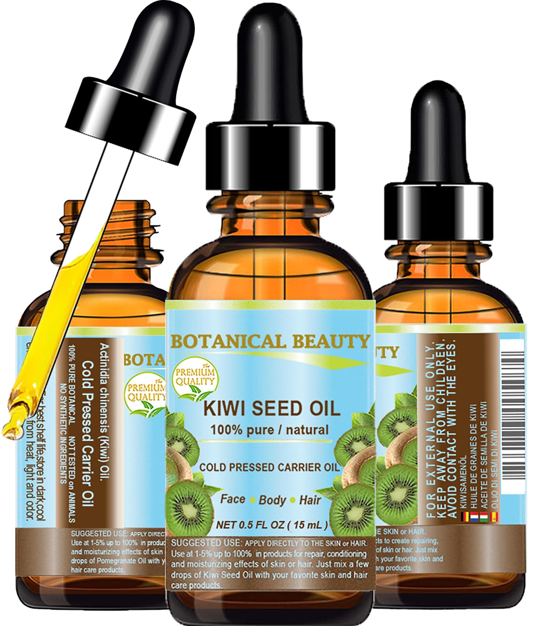 Botanical Beauty KIWI SEED OIL. 100% Pure Natural Undiluted Virgin Cold Pressed Carrier Oil for Face, Skin, Body, Hair, Nail Care (0.5 Fl Oz)