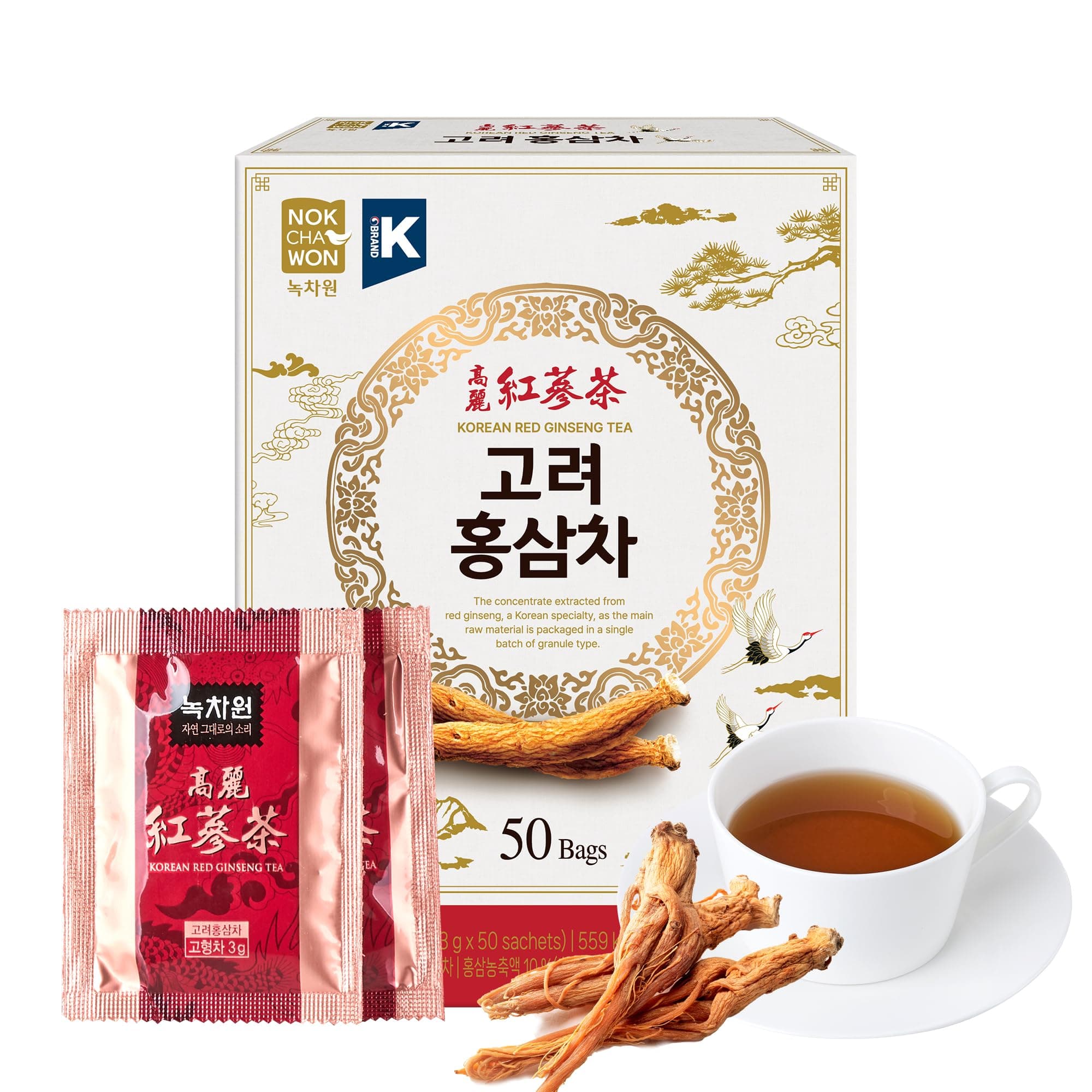 [Nokchawon] Korean Red Ginseng Tea Granules - 50 Sachets of Premium Panax Root Extract - Caffeine Free Energy and Immunity Support - Instant Herbal Drink for Daily Vitality