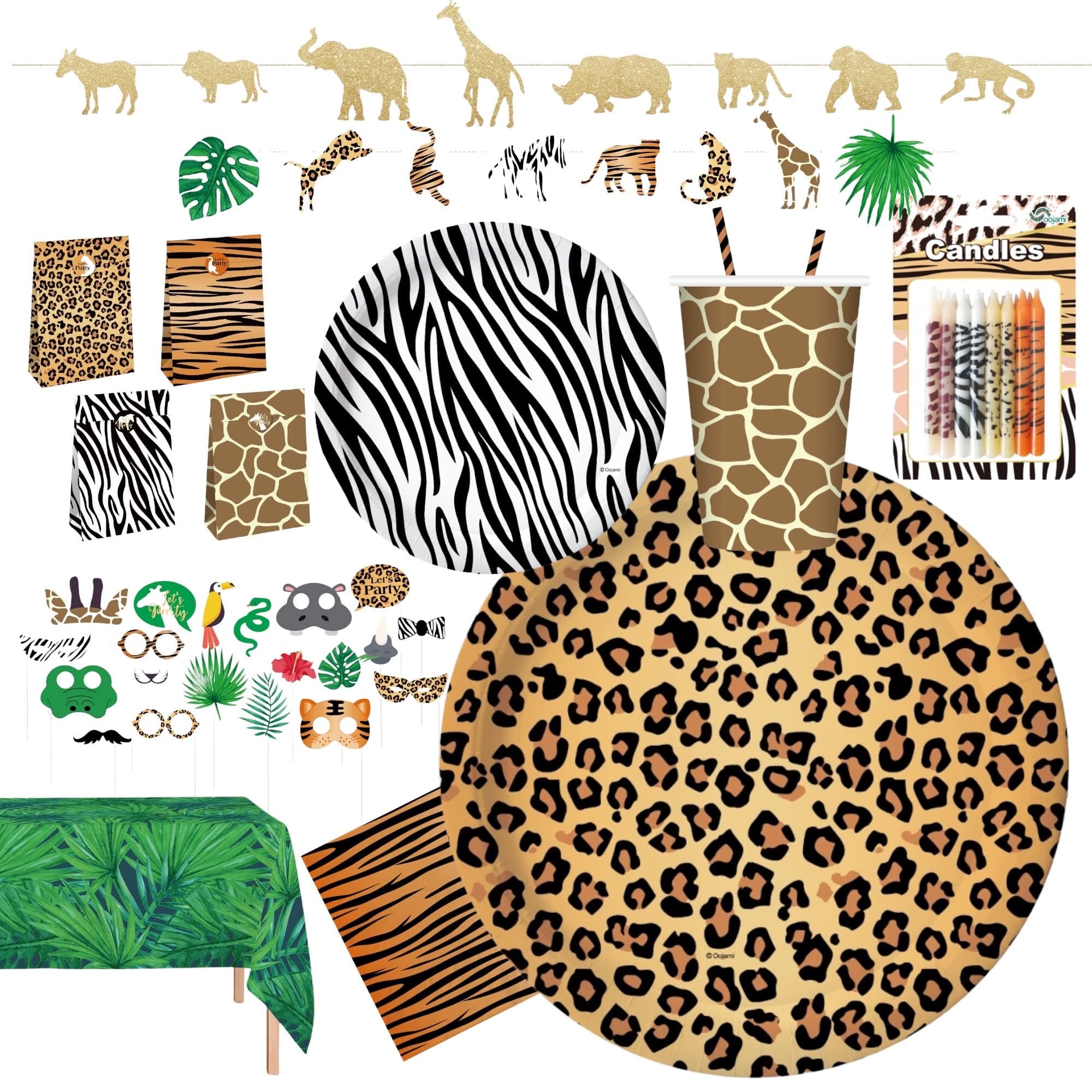 24 Guest Jungle Safari Zoo Animal Print Birthday Party Supplies Includes Plates Cups Napkins Candles Table Covers DIY Photo Props Banners Straws Treat Bags Zoo Animal Jungle Safari Theme