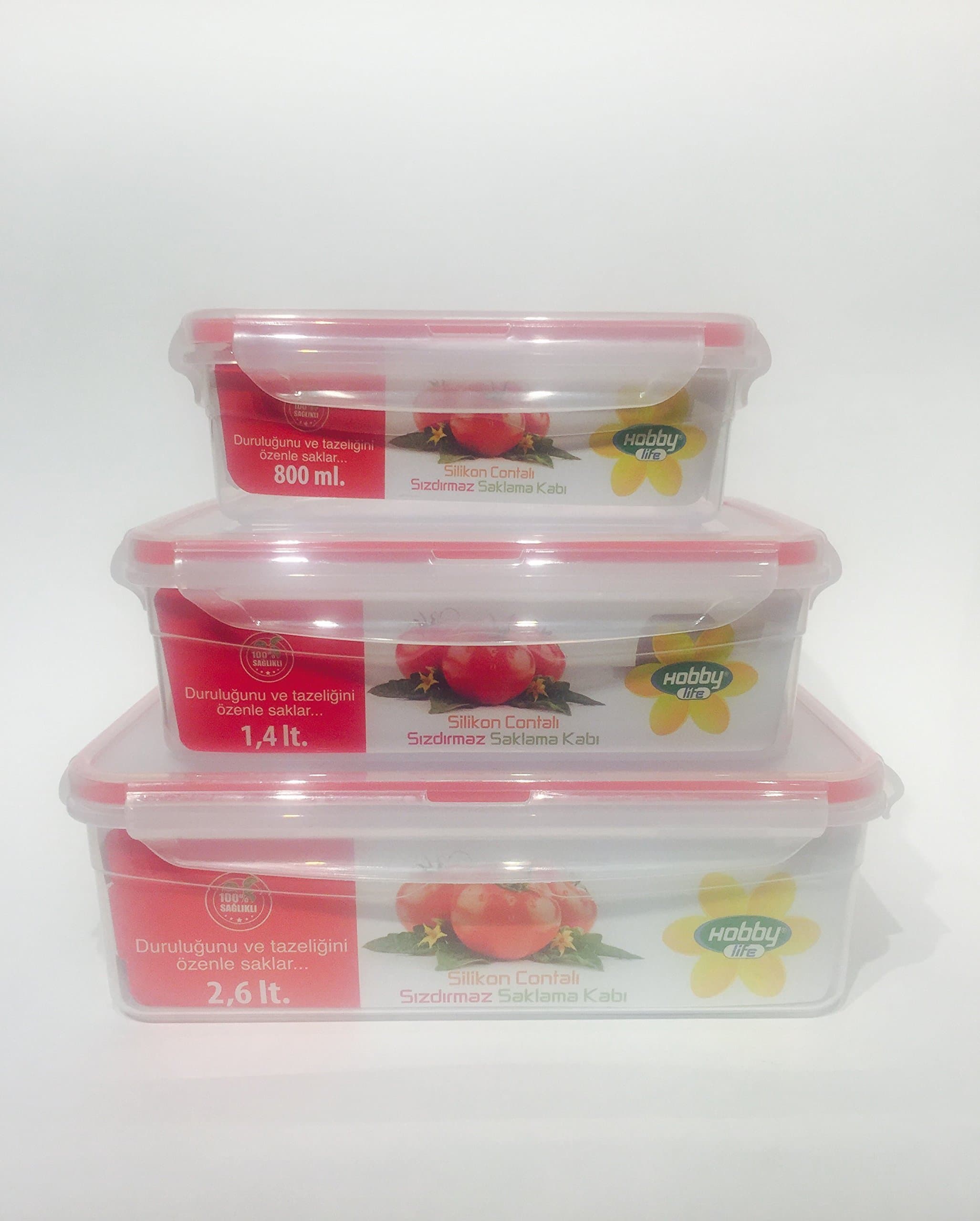 Made in Turkey Set of 3 Rectangular Airtight and watertight BPA free Food containers 2.6lt/88oz,1.4lt/47oz and 800ml/27oz