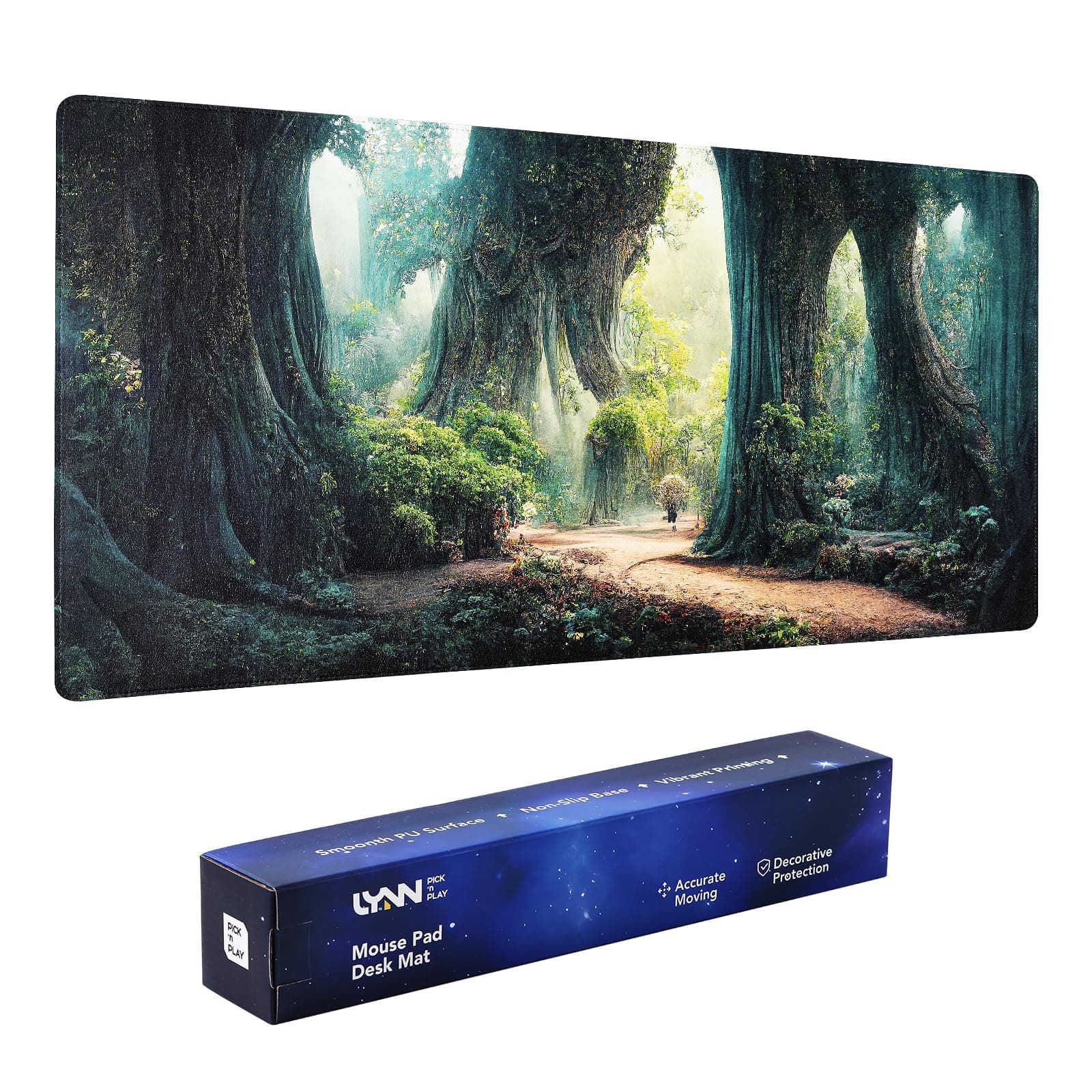 LYNN PICK’N PLAY Large Mouse Pad Desk Mat Gaming Mouse Pad Non-Slip Base HD Printing PU Leather Surface Thick Desk Pad Blotter for Laptop Computer and Office (Fantasy Forest, 31.5'' x 15.7'')