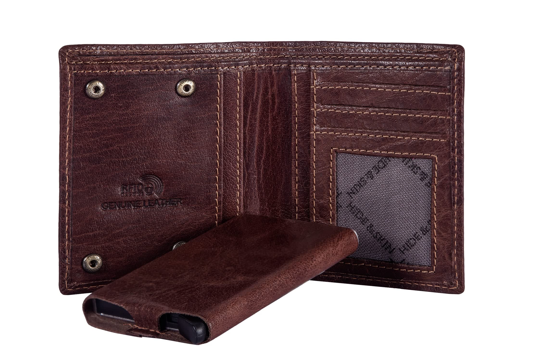 HIDE & SKIN Metal Logo Genuine Leather Wallet with Detachable Card Case