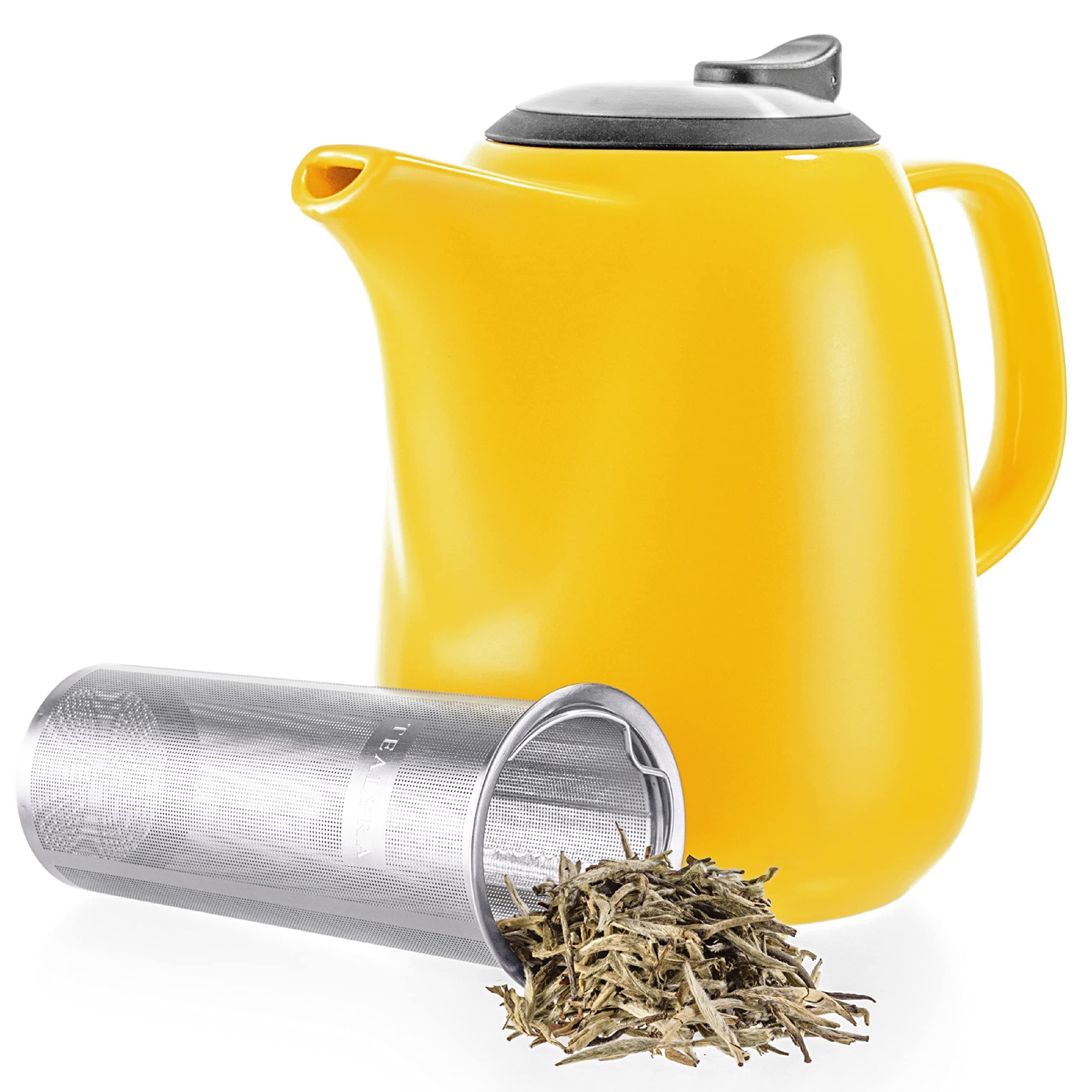 TealyraDaze Ceramic Large Teapot Yellow - 47-ounce (6-7 cups) - With Stainless Steel Lid Extra-Fine Infuser for Loose Leaf Tea