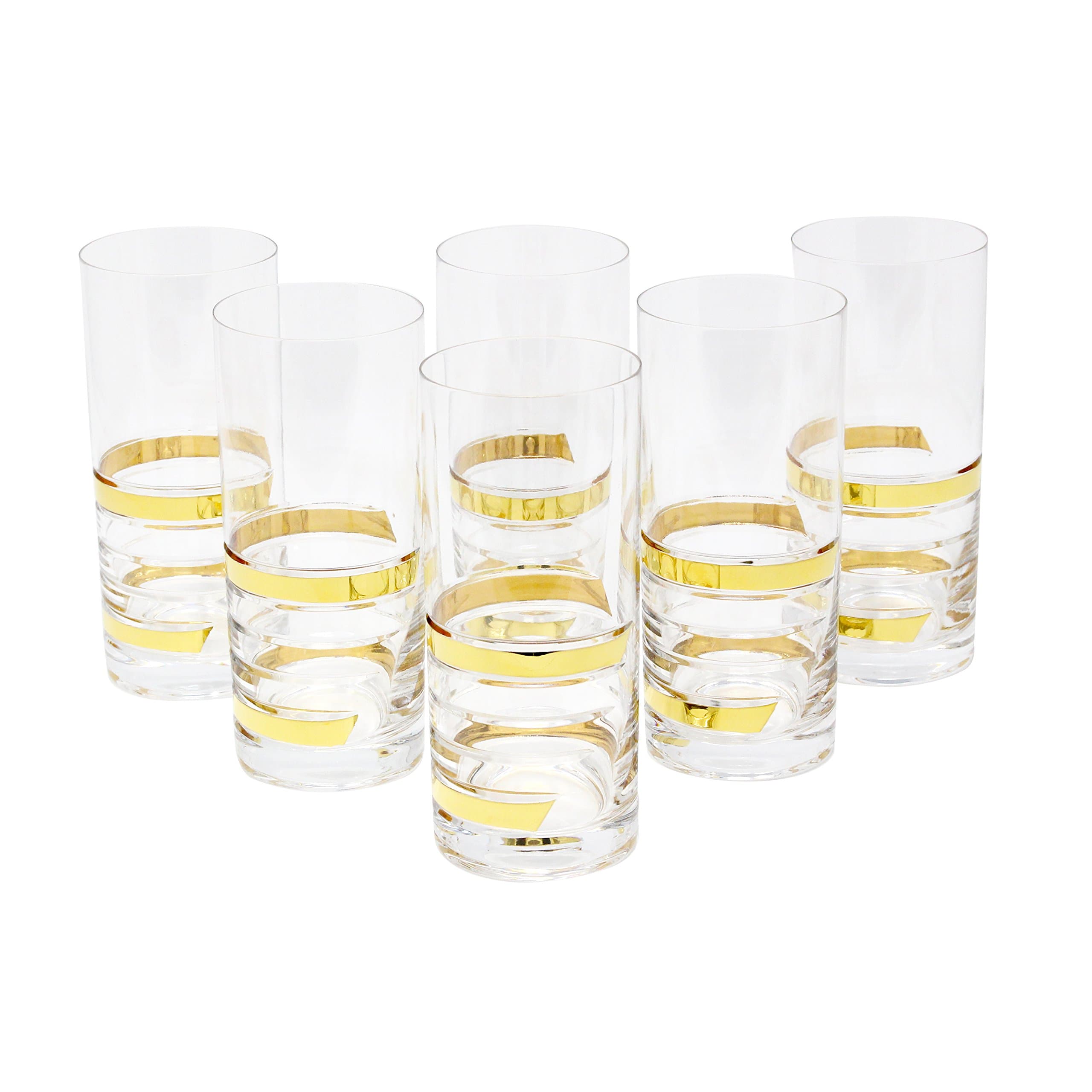 Glazze Crystal APPALACHIA Set of 6 Handcrafted Highball Glasses with Real Gold Wide-Rimmed Detailing, Unique Luxurious Gift for Men and Women, 6" Tall, 13 oz Capacity