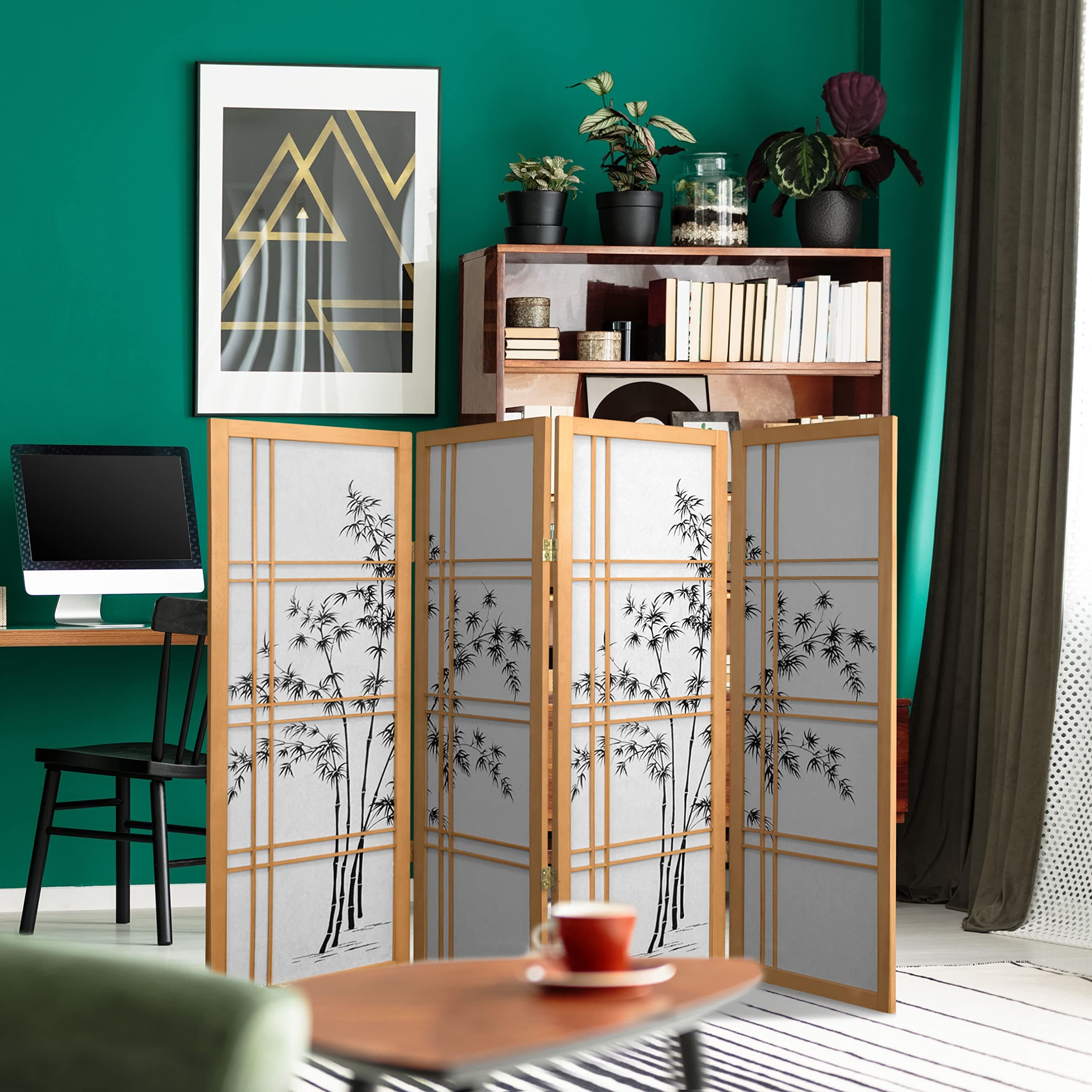 Oriental Furniture Japanese Design, 48-Inch Low Double Cross Bamboo Tree Shoji Screen Room Divider, Natural 4 Panel