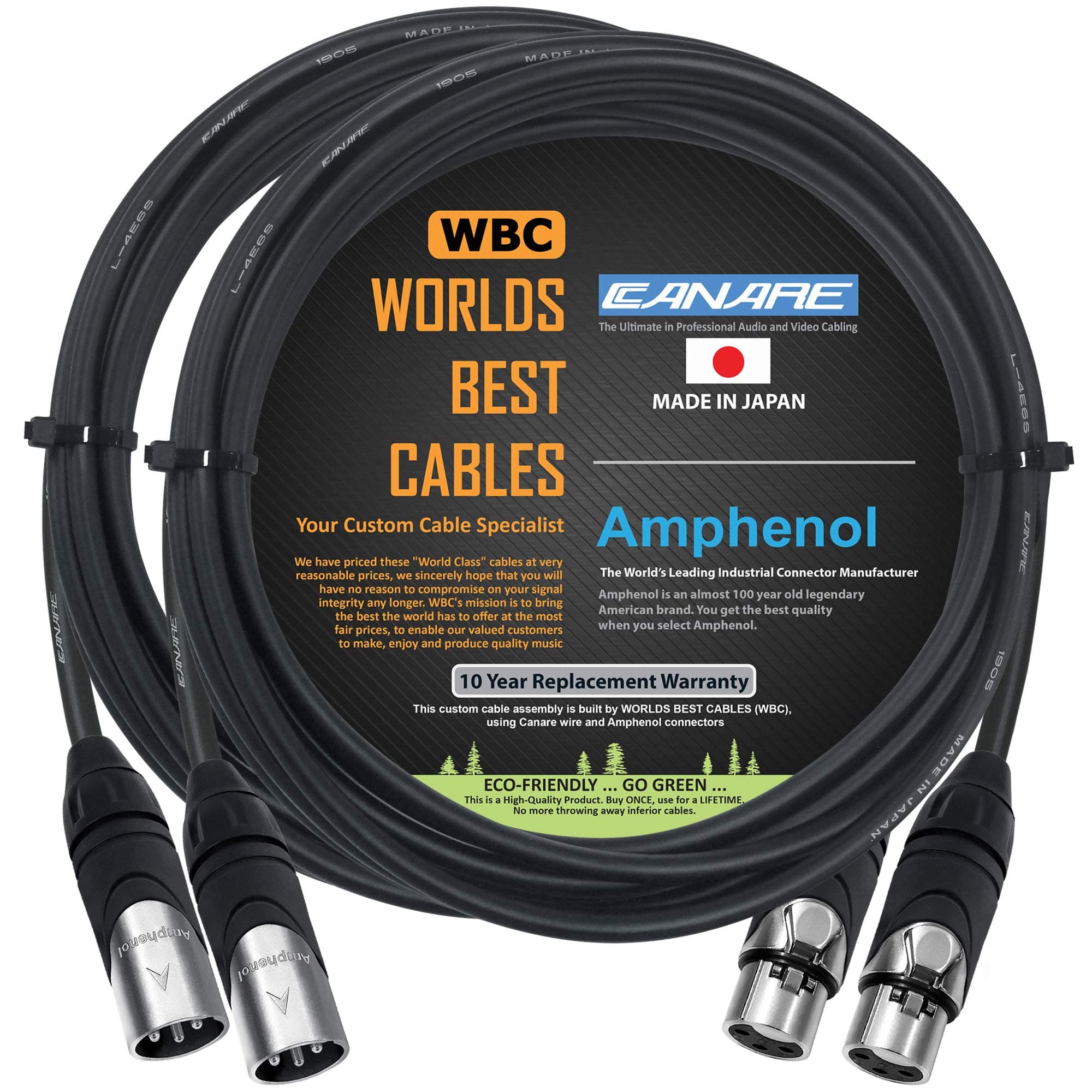 WORLDS BEST CABLES 2 Units - 10 Foot - Canare L-4E6S, Star Quad Balanced Male to Female Microphone Cables with Amphenol AX3M & AX3F Silver XLR Connectors - Custom Made by
