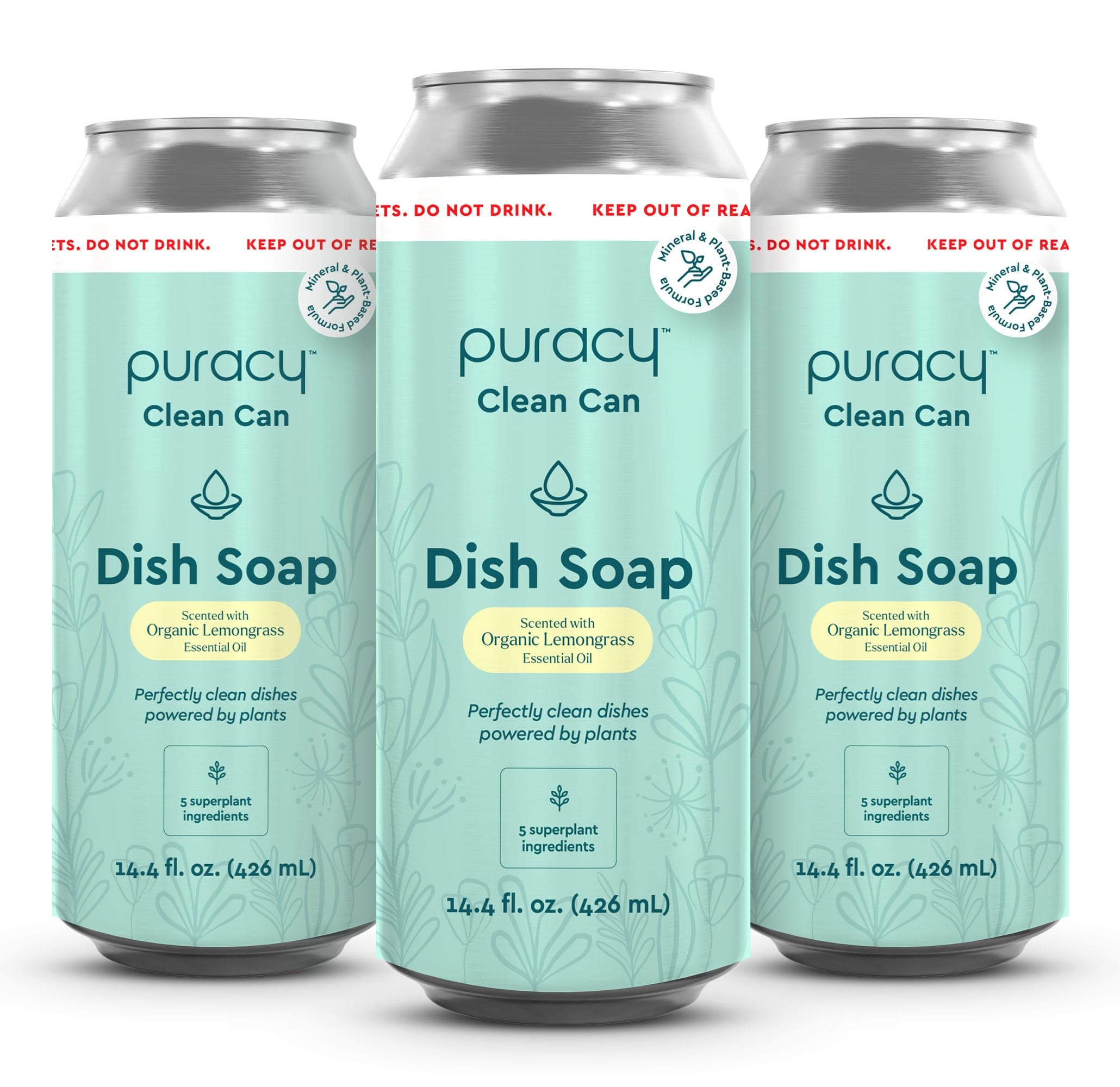 Puracy Natural Dish Soap Clean Can Refill Packs- Plant-Based Dishwashing Soap, Non-Toxic Dish Soap, Natural Liquid Dishwashing Detergent Soap As Seen on TikTok (Organic Lemongrass, 14.4 fl oz, 3 Pack)
