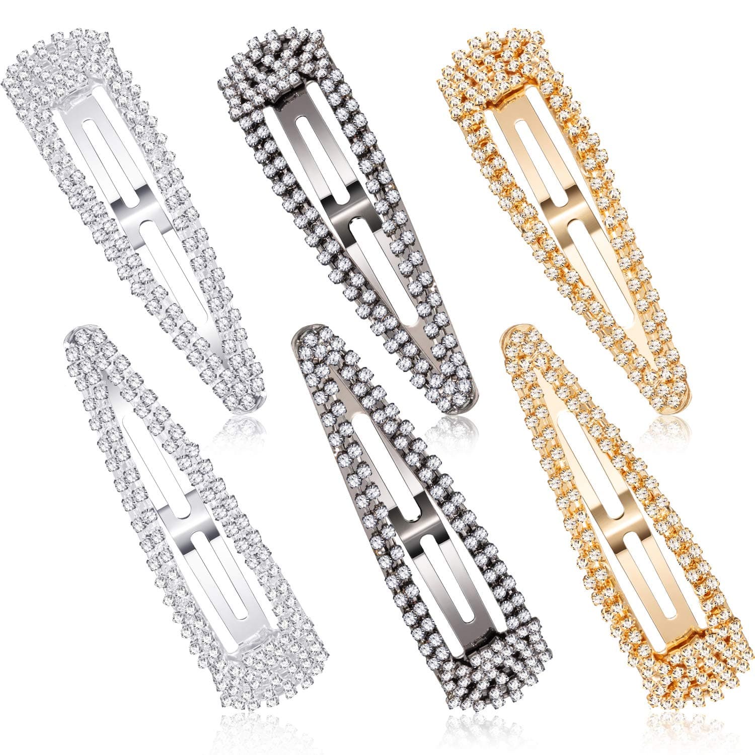 6 Pieces 4 Inch Rhinestone Snap Hair Clips Hair Barrettes Hairpins Crystal Metal Hair Clips for Women Girls Wedding Hair Accessories (Black, Silver, Gold)