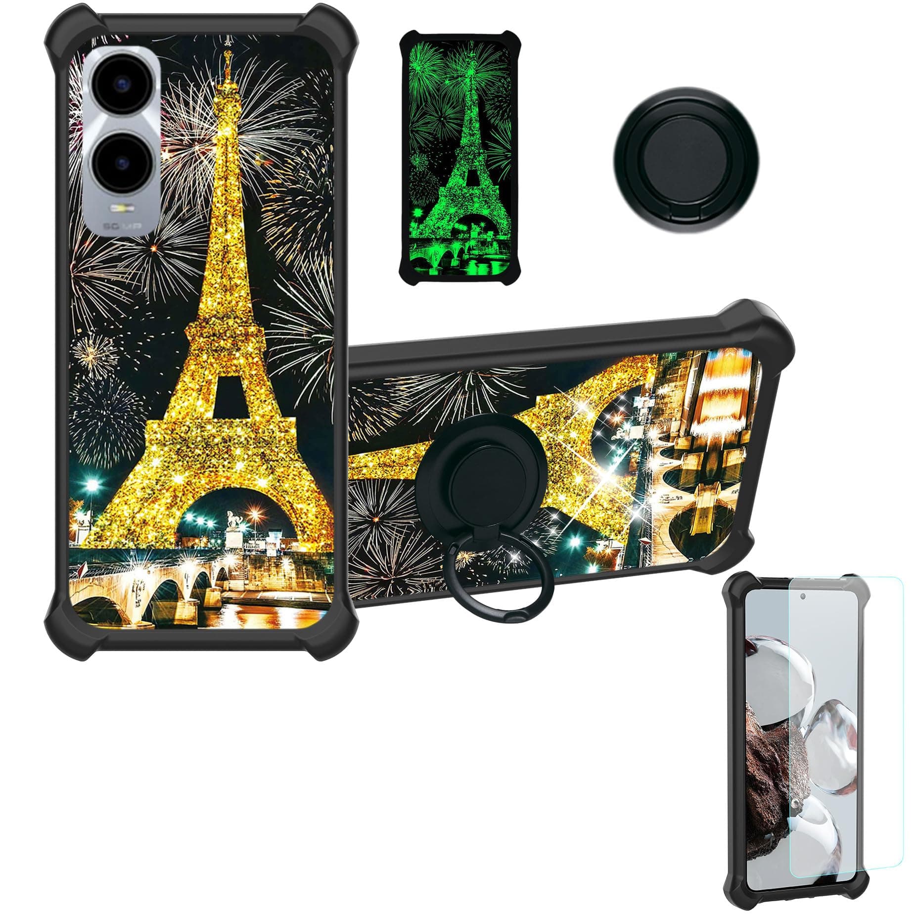 Case Compatible for Cricket Icon 6 SL219C Phone Case Cover [with Tempered Glass Screen Protector][Hard PC + Soft Silicone][Ring Support] [Gold Glitter+Luminous] JSH-TT