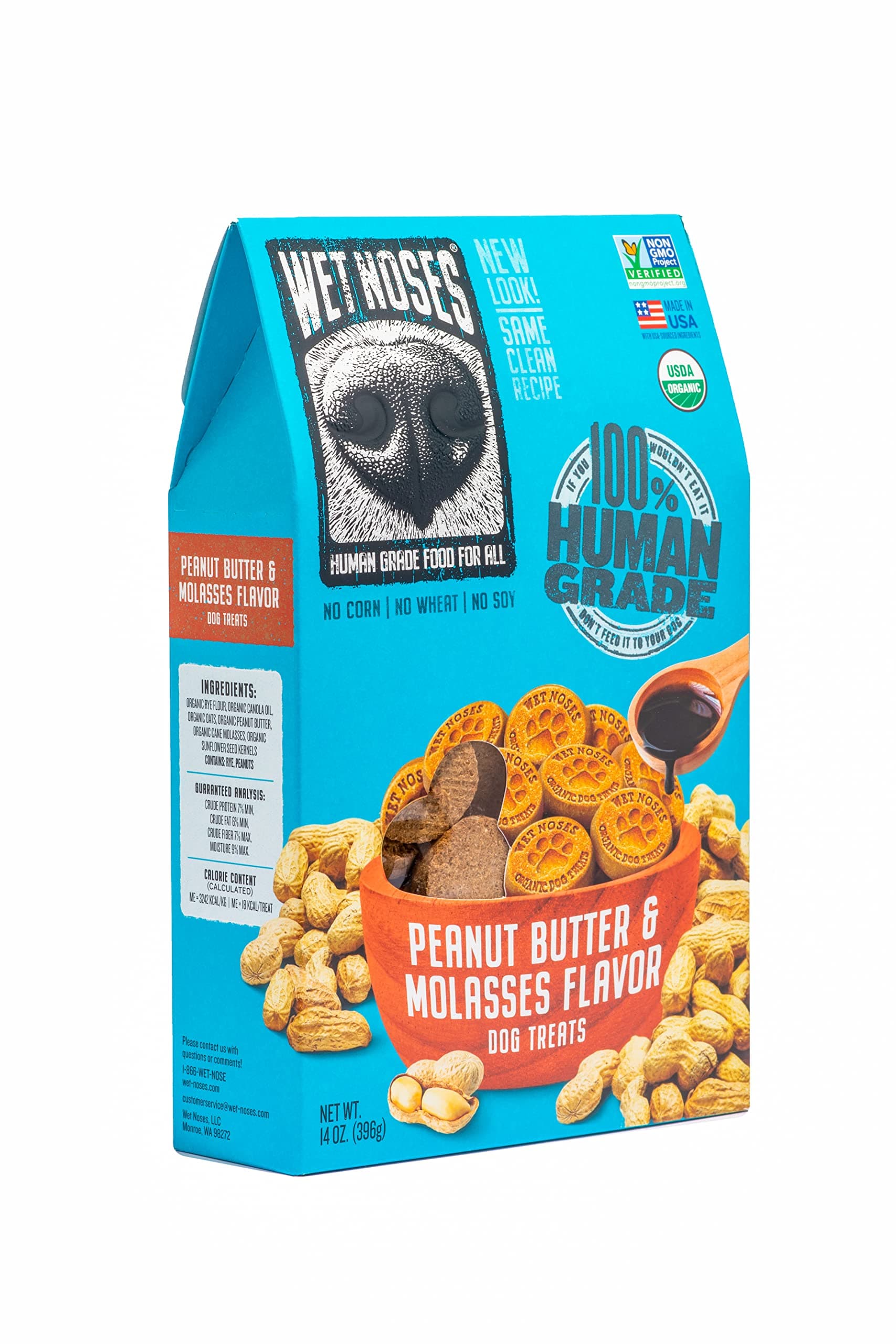 Wet Noses Organic Crunchy Dog Treats – All-Natural, Human-Grade, Non-GMO, Healthy Training & Delicious Snacks for Dogs, for All Dog Sizes & Breeds – Peanut Butter & Molasses, 14oz (Single Pack)