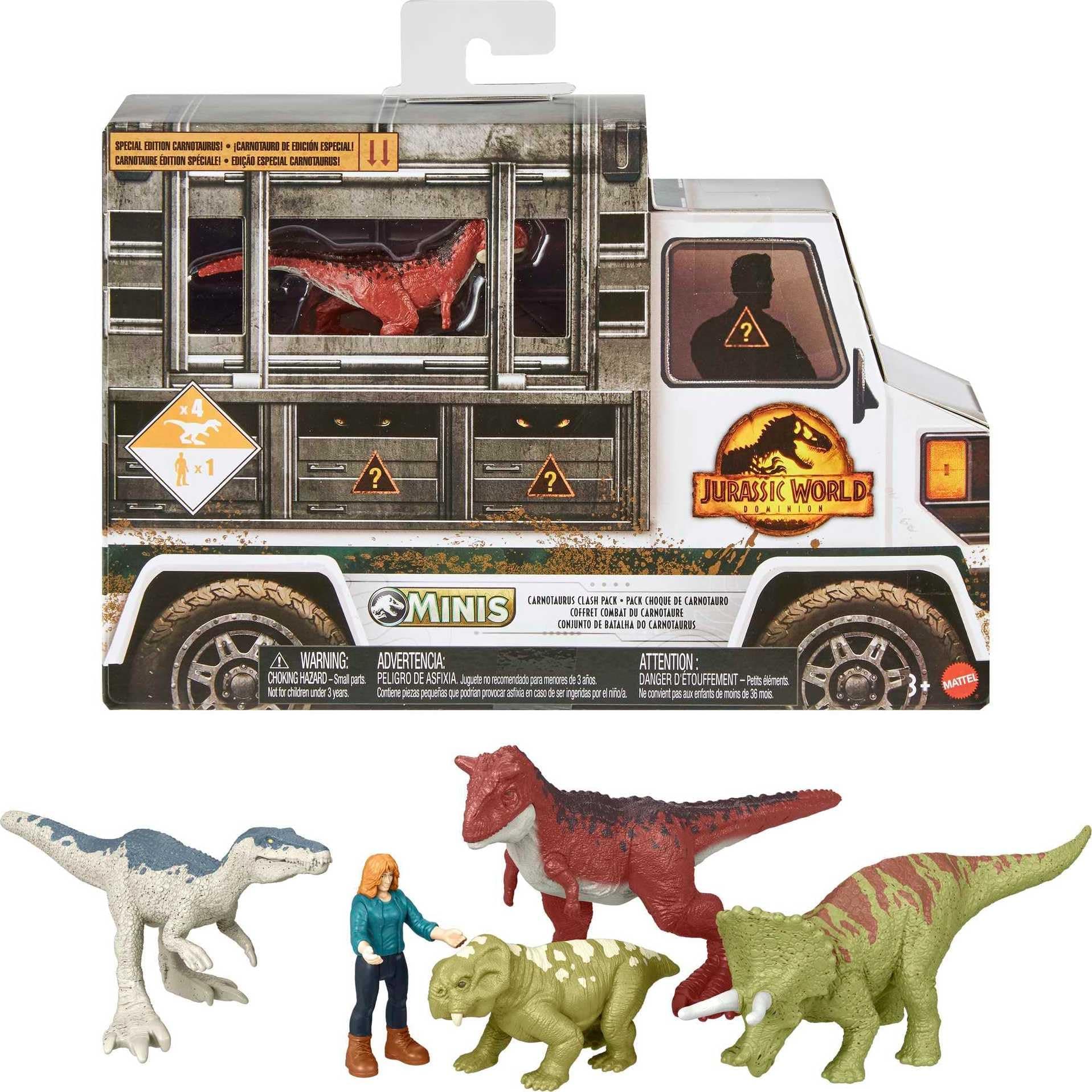 Jurassic World Dominion Carnotaurus Clash Pack, 5 Mini Toys Including 1 Human Figure & 4 Dinosaurs in Truck-Themed Package