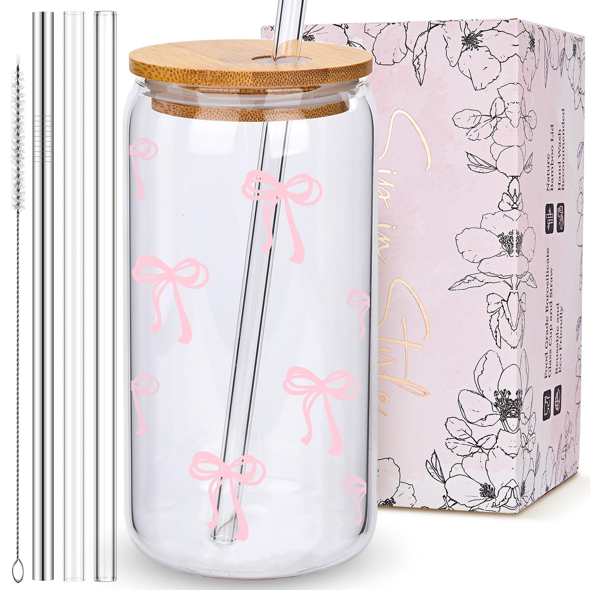 Coquette Cute Pink Bow Glass Cups with Lids and Straws, Aesthetic Iced Coffee Cup, Girly Preppy Design Tumbler Mug, Valentines Christmas Birthday Gifts for Women, Teen Girl Gifts Trendy Stuff