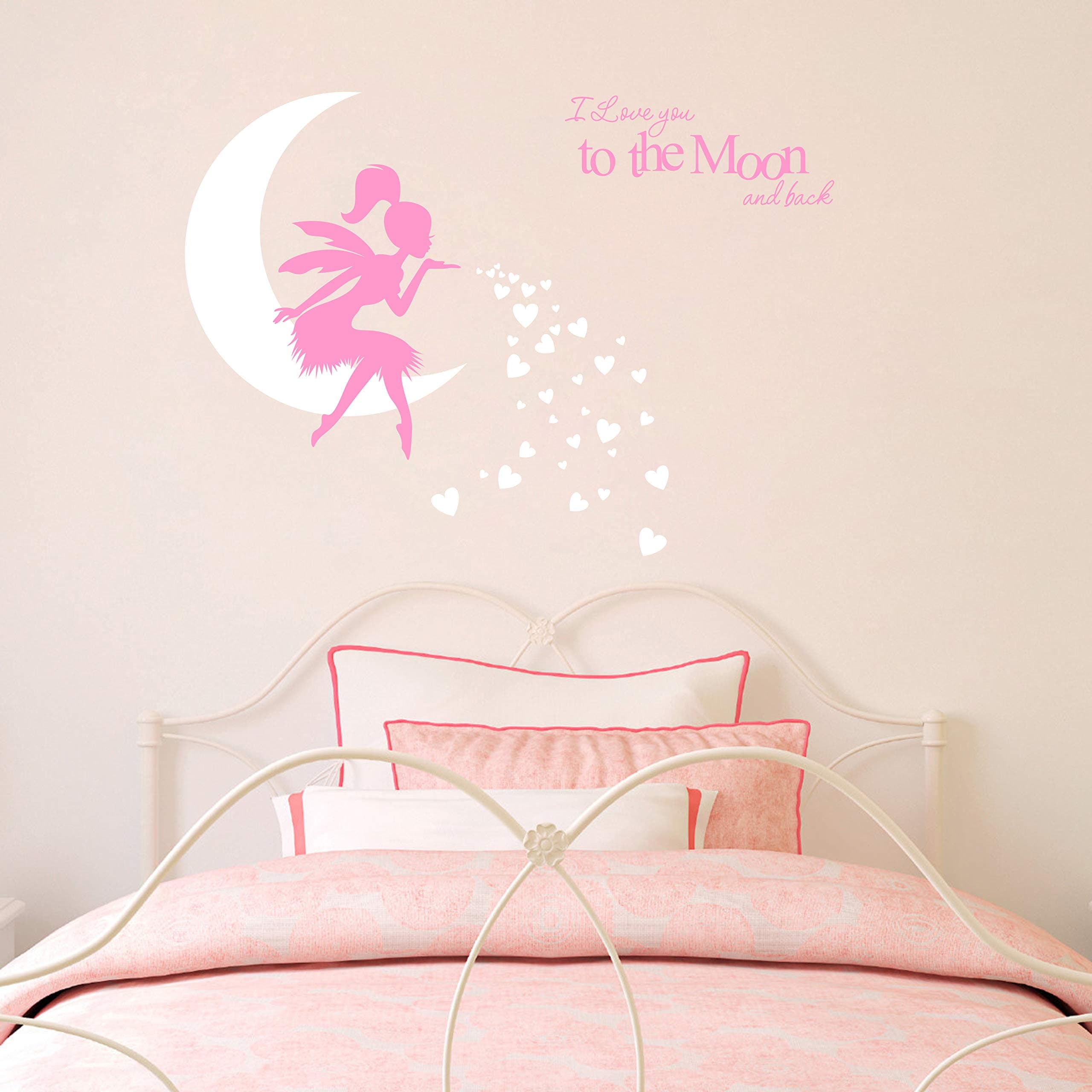 Fairy Wall Decal, I Love You to The Moon and Back, Fairy Wall Sticker for Girl, Kids Bedroom Wall Decals, Nursery Decor A19 (Soft Pink,White)
