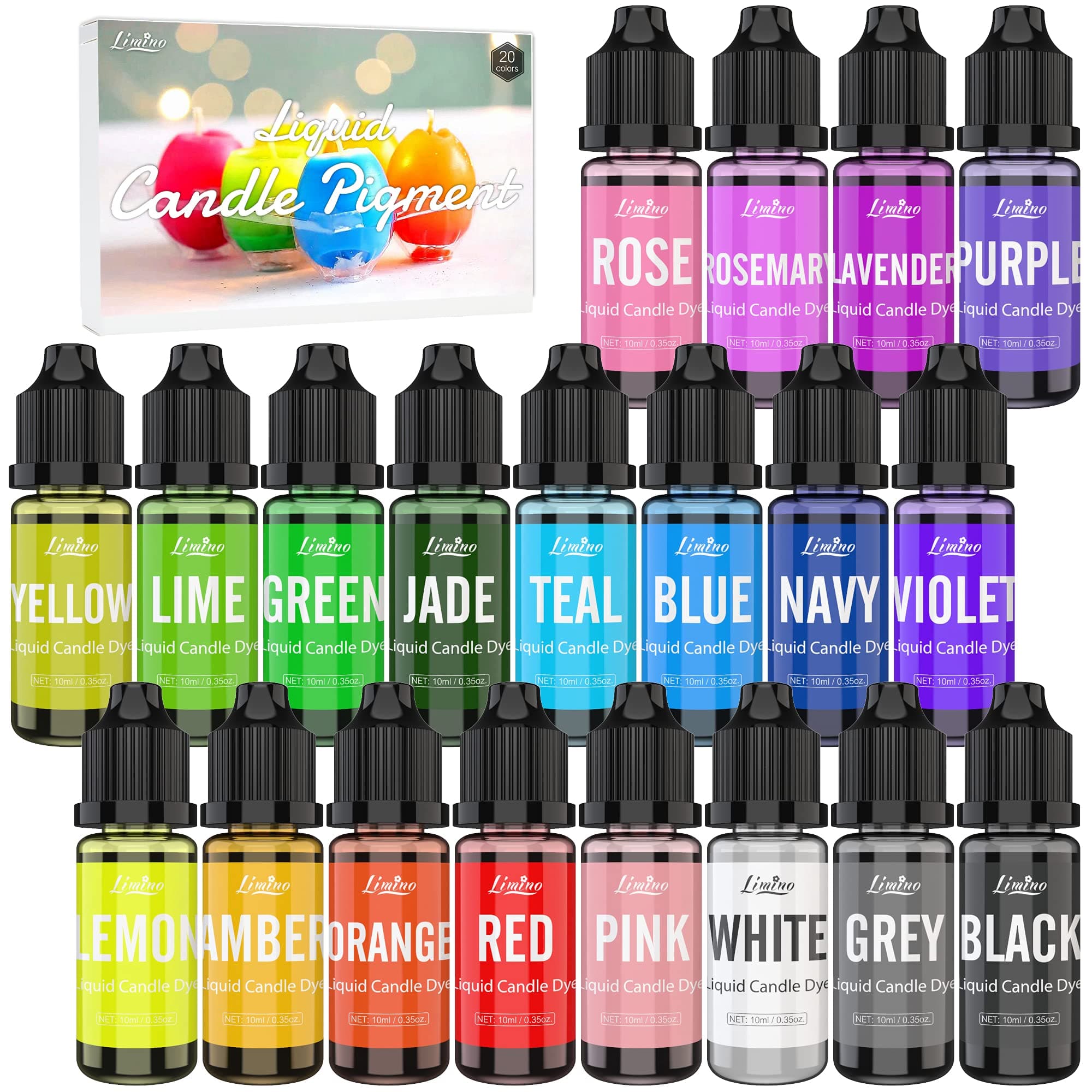 Candle Dye - 20 Color Liquid Wax Dye for DIY Candle Making - High Concentration Color for Soy, Gel, Paraffin Wax - 10ml Each
