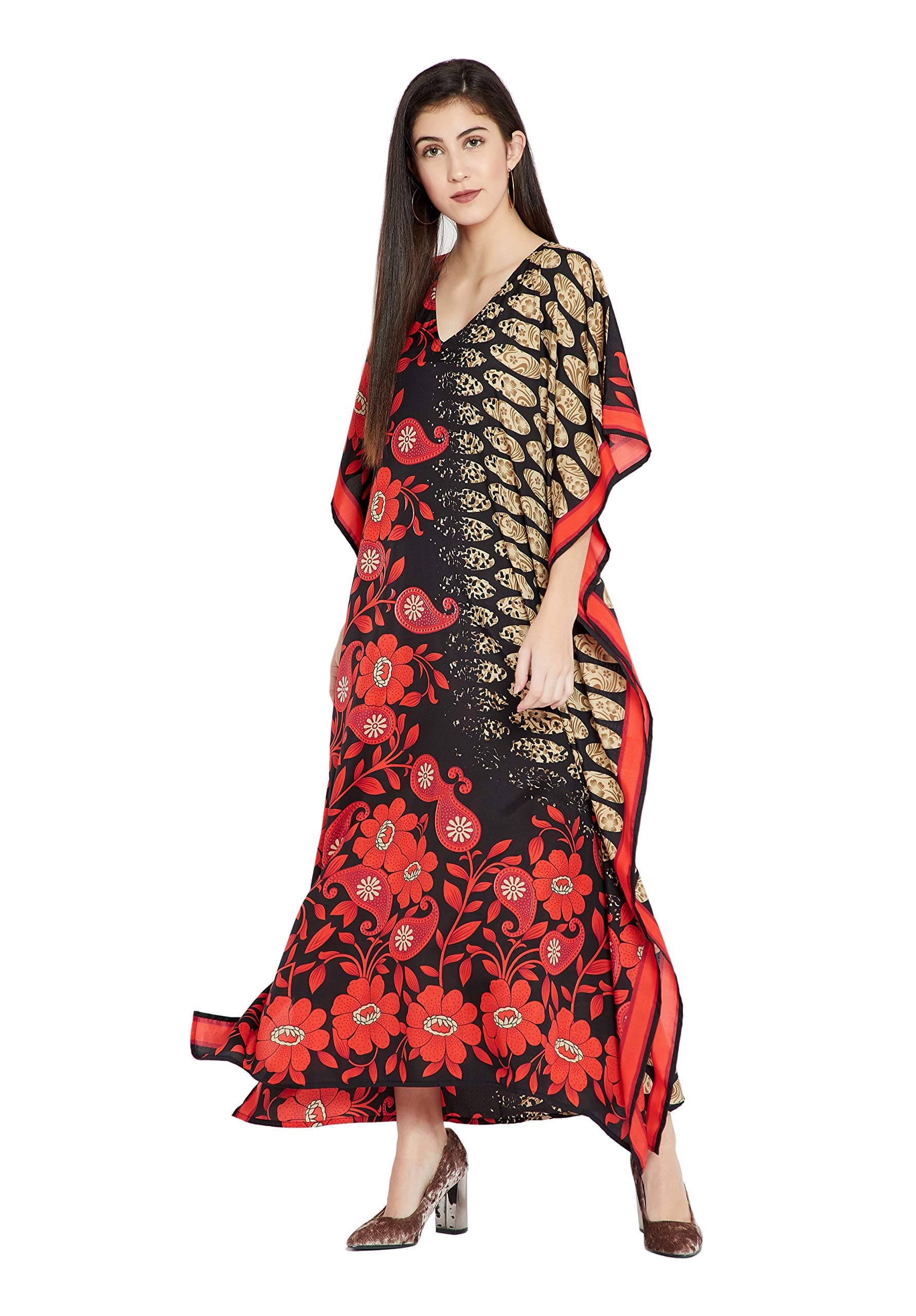 Goood Times Red & Black Floral Paisley Long Kaftan Kimono Maxi Dress Plus Size Caftan Gown Nightdress Kimono Women