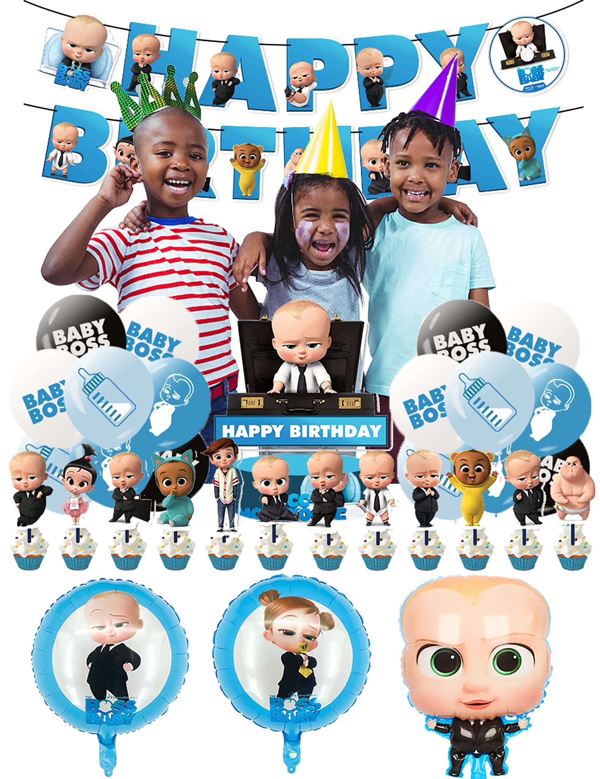 SMLHPARTY Boss Baby Birthday Party Decorations: 18 Balloons, 24 Small Cake Toppers, 1 Big Cake Topper, 3 Foil Balloons, 1 Birthday Banner - Blau, Pink Oder Weiß, Cartoon Theme